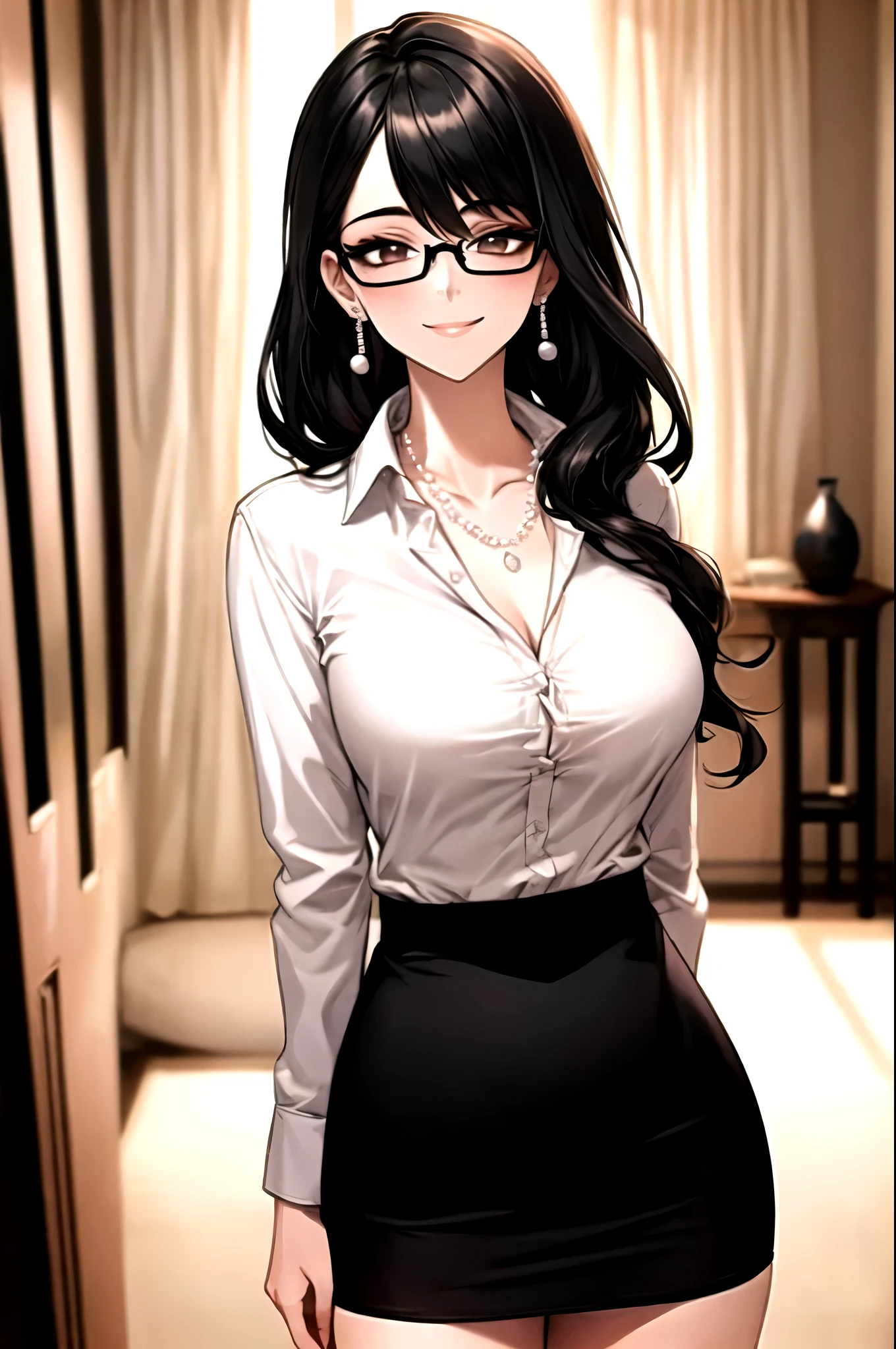 （（super high quality,Ultra-high resolution,4K,8k,super masterpiece,Ultra HD ,Detailed shading））,Looking at the camera,The living room bathed in morning sunlight,Full body photo,A sexy mother is standing.,popped collar White shirts,Tight collar,Long sleeve,Show the hem,BLACK Pencil Mini Skirt,sexly,Long black straight hair that reaches the shoulders,Sweep your bangs to the side,Glasses,smile,Pearl Earrings,Pearl Necklace,Engagement Rings,Clasp your hands in front of you,