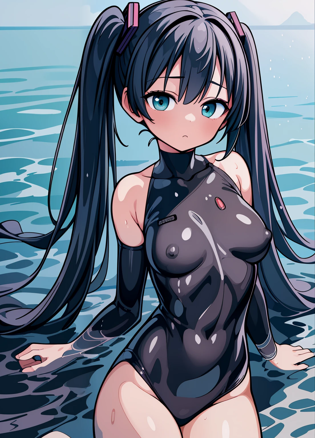 (masterpiece、Highest quality、Highest quality、Official Art、Beautiful and beautiful:1.2)、(One person:1.3)Hatsune Miku、Twin tails,Beautiful breasts, Katsushika Hokusai,(masterpiece),(Highest quality:1.2),(Very detailed:1.2),(High resolution),(Photorealistic Stick),(RAW Photos),8k,Backlight,(Written boundary depth),(Sophisticated lighting:1.1), (Improving cinematic lighting quality:0.9),photo of a dressed woman,Soft Portrait Photography,Beautiful Japanese Women,whole bodyポートレート,(Eye light,Sharp pupils,Detailed eye drawing,)Very beautiful face,(Detailed skin texture:1.3),(Beautiful portrait:1.2),A lovely and delicate face,Beautiful young Japanese woman,Look at this,front,((whole body)),break(Wetsuits),((Coastal:1.5)),((Cowboy Shot)),((hand))