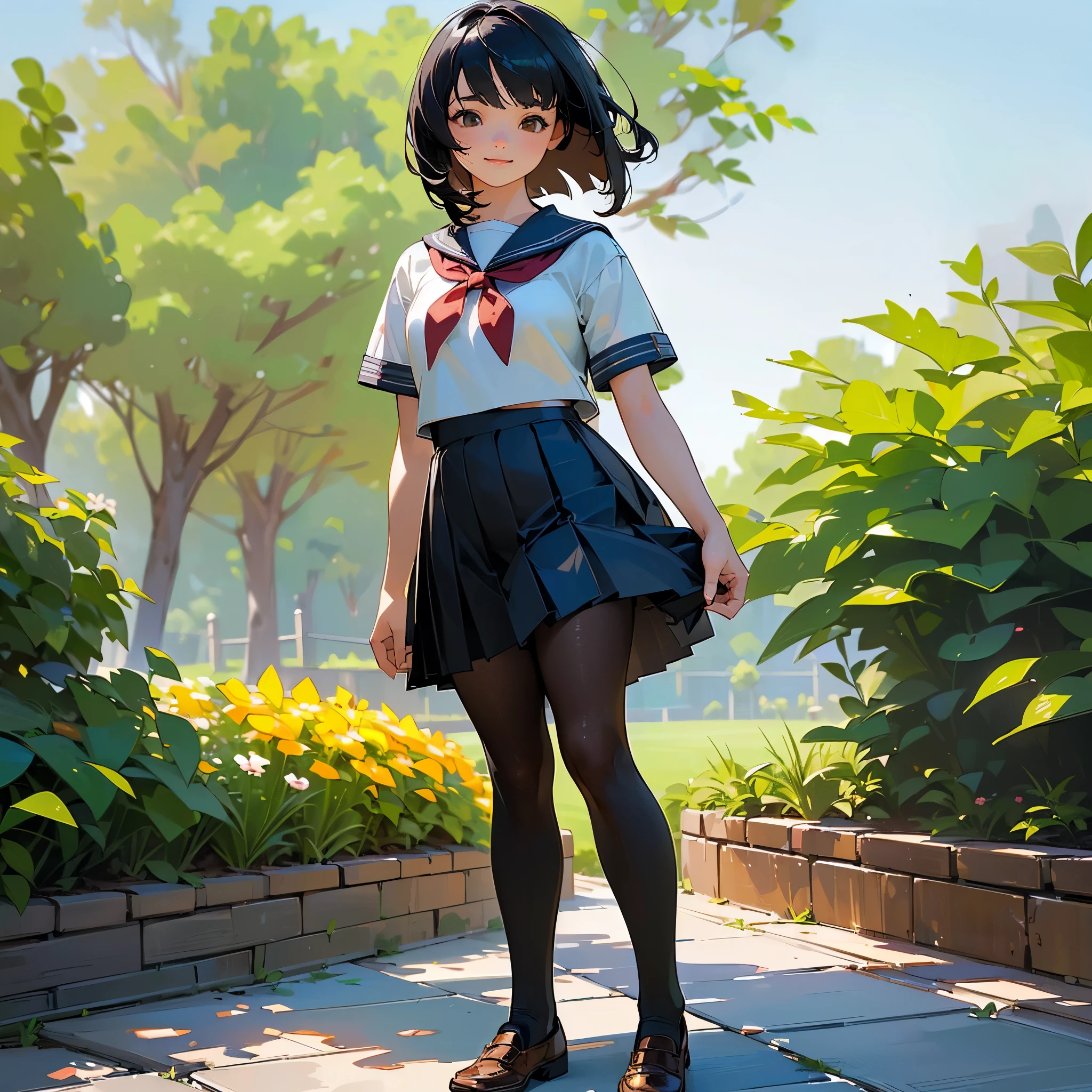 (Highest quality, High resolution, Very detailed, Realistic:1.37), Peaceful atmosphere, (Outdoor, garden), Teenage girl standing alone, Beautiful and detailed features, Cute Smile, ((Black bob hair)),Short-sleeved sailor uniform, Pleated skirt,Black tights,Brown leather shoes.