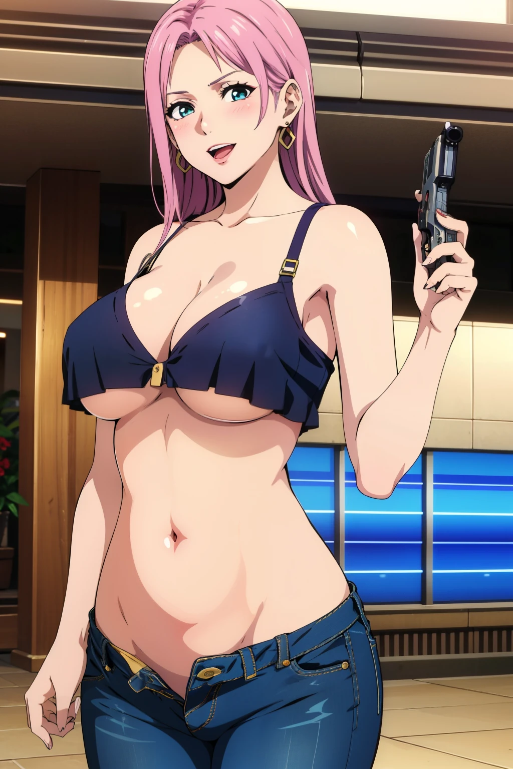 elise, mature woman, 25 yo, anime cels style, 1girl, (large breasts:1.2), beautiful face, long hair, mall, shopping center,indoors, blush, lipstick, jewelry, earrings, Hot girl, baddie, mean girl, sensual, attractive, masterpiece,high quality,4k, bare shoulder,belly,crop top,holding
pistol,cleavage,, unbuttoned shirt, knot ,smile, open mouth, (nsfw) not safe for work, evil expression, exposed belly, exposed navel,
exposed midriff, exposed lower belly, crop top overhang, underboob,jacket, unbuttoned jeans , low
rise black jeans, Low rise jeans, Low rise jeans with open fly
