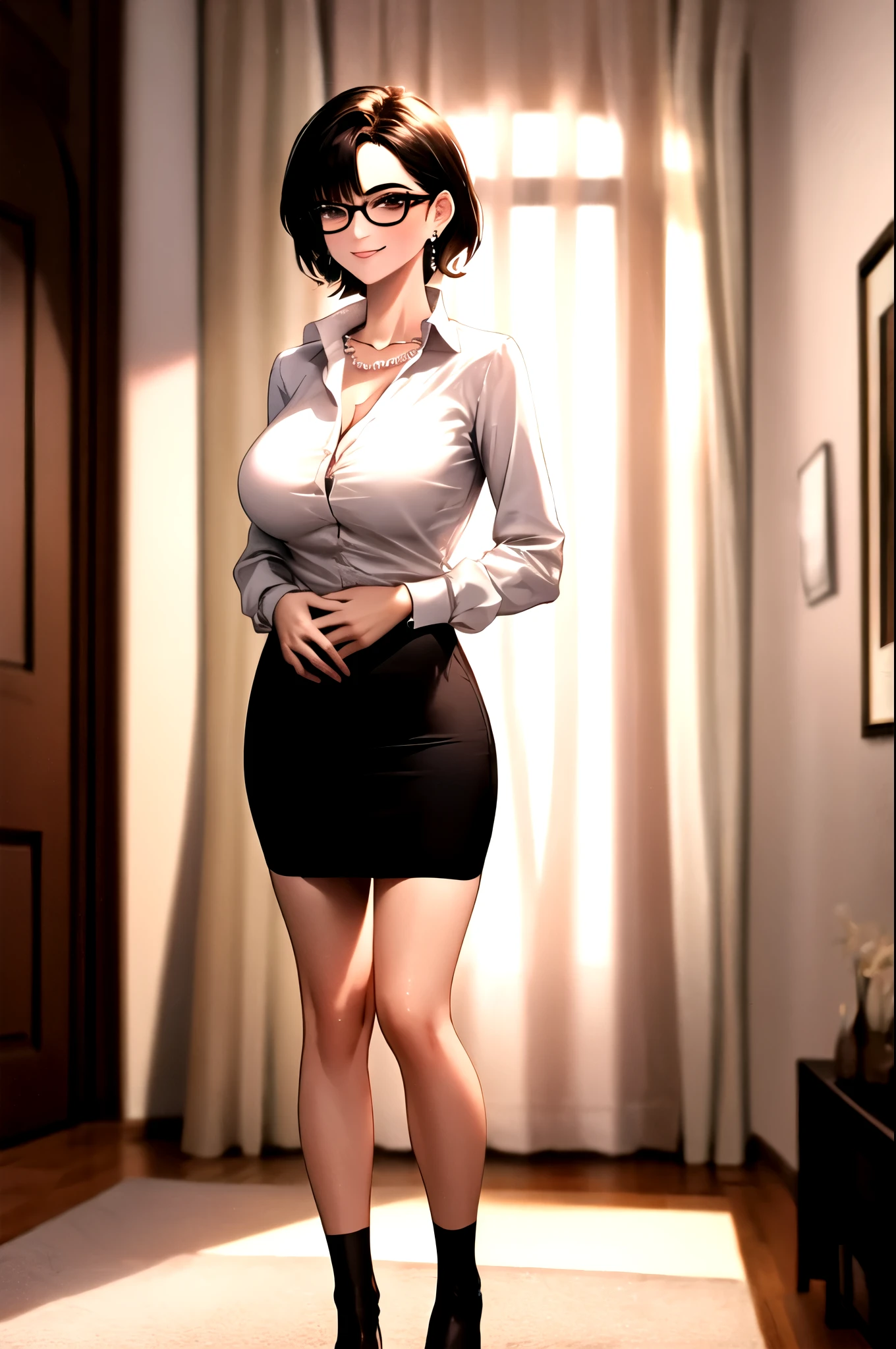 （（super high quality,Ultra-high resolution,4K,8k,super masterpiece,Ultra HD ,Detailed shading））,Looking at the camera,The living room bathed in morning sunlight,Full body photo,A sexy mother is standing.,popped collar White shirts,Tight collar,Long sleeve,Show the hem,BLACK Pencil Mini Skirt,sexly,Long black straight hair that reaches the shoulders,Sweep your bangs to the side,Glasses,smile,Pearl Earrings,Pearl Necklace,Engagement Rings,Clasp your hands in front of you,