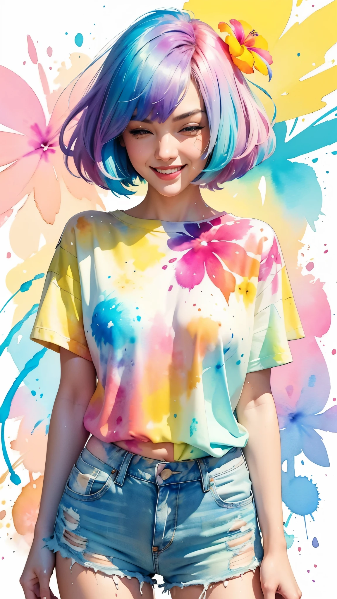 a Plumeria painting with a splatter background and spray paint effect, by Adam hughes, plumeria flower design t-shirt and jean shorts, upper body centered, multi-color hair, 1 eye closed, big happy smile, watercolor art, watercolor painting, watercolor painting style, watercolor detailed art, watercolor digital painting, watercolor paint, masterfully detailed watercolor, watercolor art