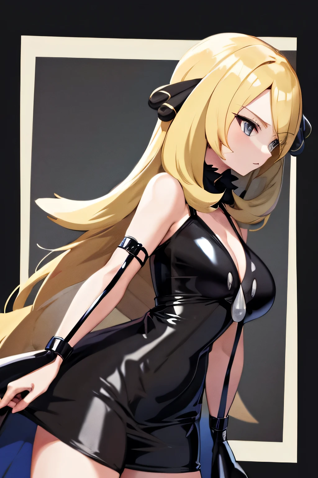 Perfect Anatomy Highest quality,Highest Resolution,(((Latex black dress))) Pokémon Cynthia Blonde long hair woman 30 years old clarge breasts