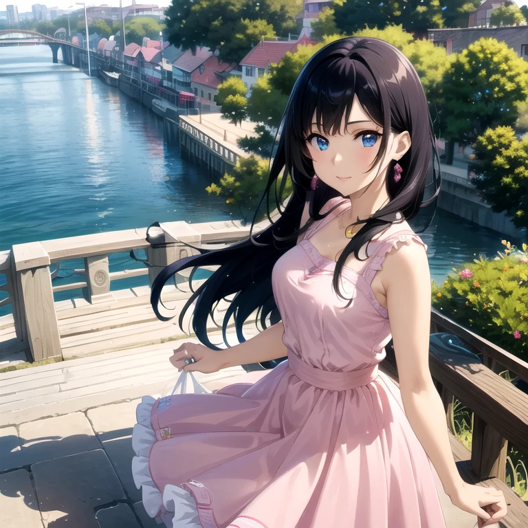 an anime girl dressed in a pretty pink dress poses on railing bridge, 1adult girl, solo, outdoors, blue eyes, jewelry, bridge, looking at viewer, earrings, railing, water, day, dress, tree, long black hair