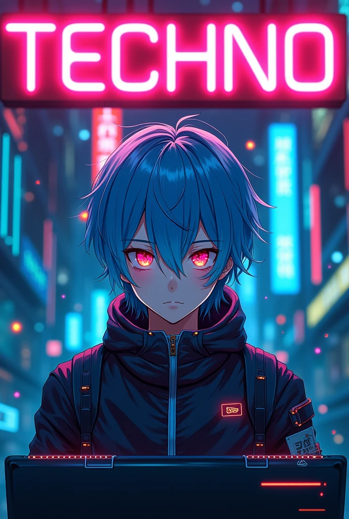 Futuristic anime man on a computer with a sign that says techno 