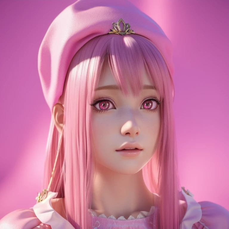 A close-up of a doll wearing a pink dress and a pink hat., Ultra-detailed fantasy characters, 8K Portrait Rendering, Realistic Anime 3D Style, Anime-style 3D, 3D Anime Real, Photorealistic anime girl rendering, small character. Unreal Engine 5, realistic young anime, Highly detailed characters, Highly detailed facial anime, Close-up Character