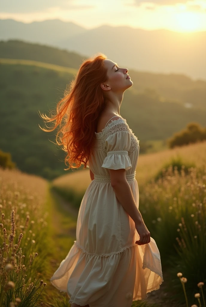 Redhead girl, Rustic dress , walking through the Provençal countryside. looks up at the sky, watching the fine drizzle falling illuminated by the rays of the sun. Very foggy at dawn. Apply Heavy Fog filter. haze. retro photography, David Hamilton Style. Analog photography. grainy. nymph