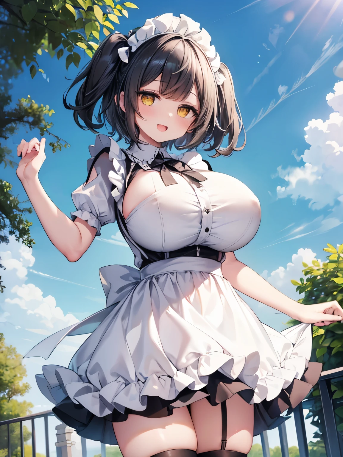 Best Quality,Detailed and cute eyes,Very cute face,(solo ),(gigantic breasts:1.7),(Black Hair,Short Hair,Two Side Up:1.7),(Yellow big eyes,low length:1.5),(A very happy smile,Open your mouth wide),View Viewer,BREAK,(Maid clothes,Maid Headdress,Puffy Short Sleeve,Micro Mini Skirt,Frill thigh-high socks,Maid Cufflinks:1.4),Western-style garden,Hedgerow,blue sky,Dynamic Pose