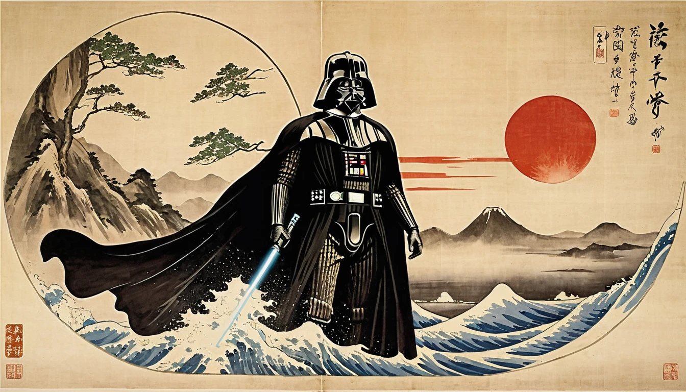 masterpiece,Darth Vader's upper body、Death Star,Japanese paintings drawn with ink and water,(Beautiful gradation created by layering),(Tarashikomi technique),(dynamic)、Ink Painting、Ukiyo-e、Chinese character、Faded、Movie Posters
