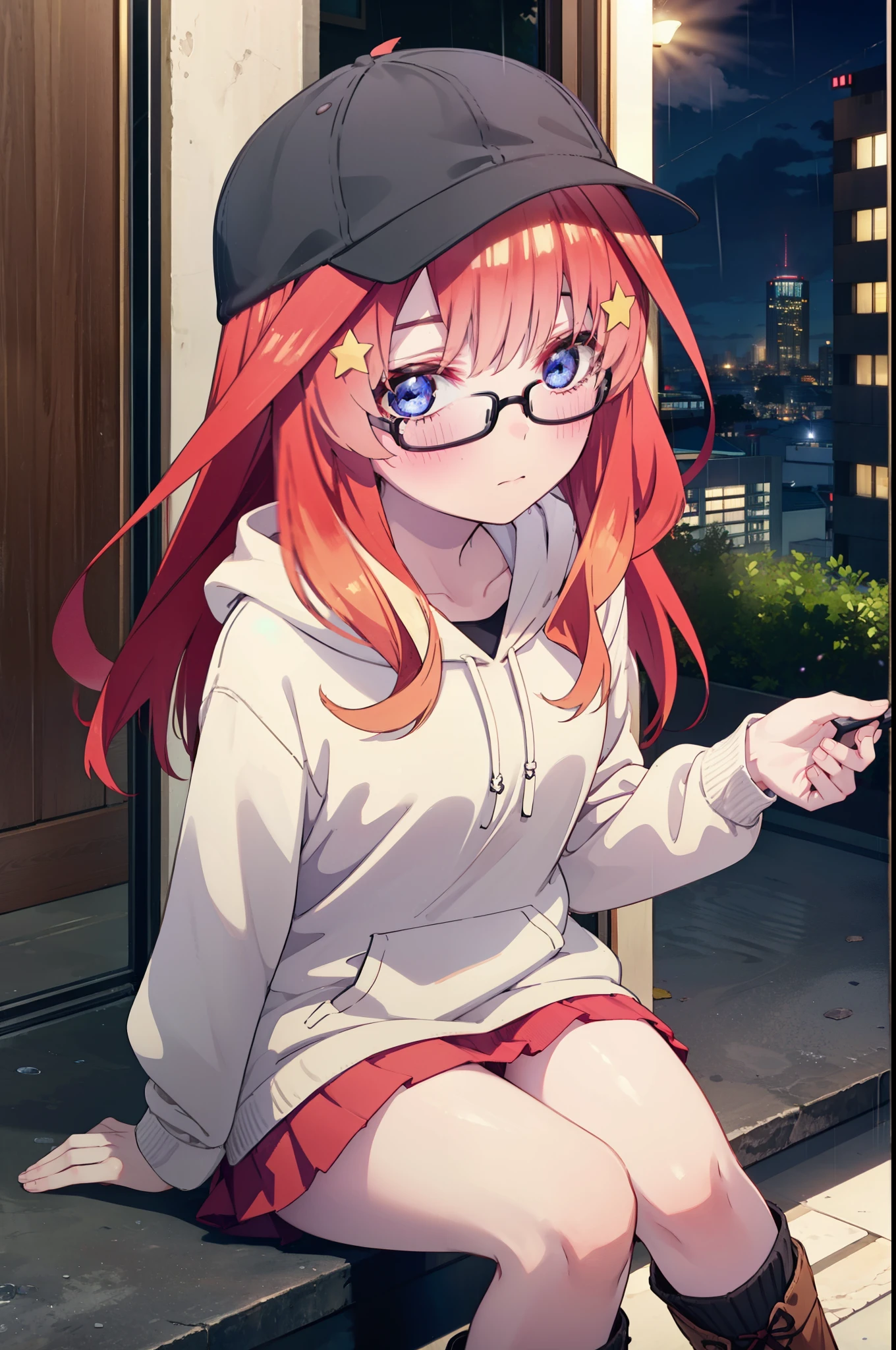 itsukinakano, Itsuki Nakano, bangs, blue eyes, Hair between the eyes, Ahoge, Redhead, star \(symbol\), hair ornaments, star hair ornaments,blush,Baseball hats,Black-rimmed glasses red oversized hoodie,mini skirt,White tights,short boots,Hiding in a building with a roof,Sitting on the stairs,night,rain,cloudy,whole bodyがイラストに入るように,
break indoors, Building district,
break looking at viewer, whole body,
break (masterpiece:1.2), Highest quality, High resolution, unity 8k wallpaper, (figure:0.8), (Beautiful attention to detail:1.6), Highly detailed face, Perfect lighting, Highly detailed CG, (Perfect hands, Perfect Anatomy),