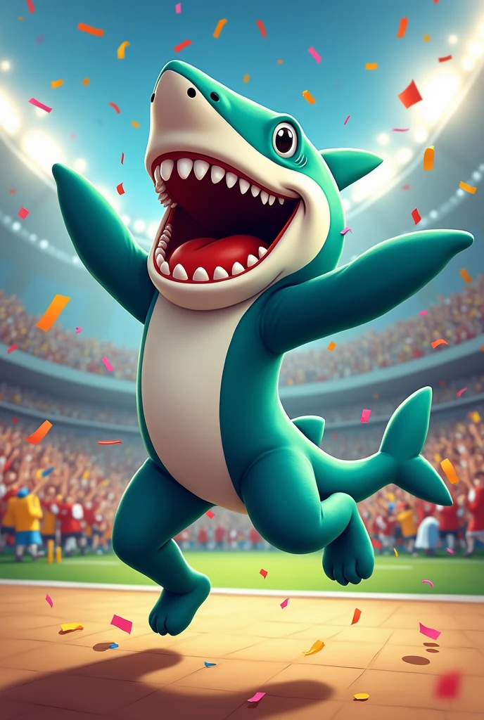 Green and blue cheering shark mascot
