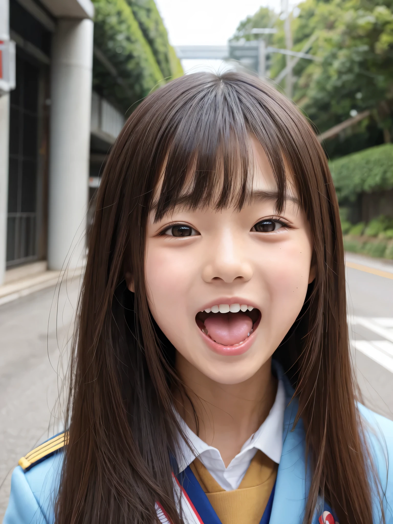 japanese、15 year old、1 person、Long hair、round face、uniform、light pony、adorable、Screaming with a big mouth