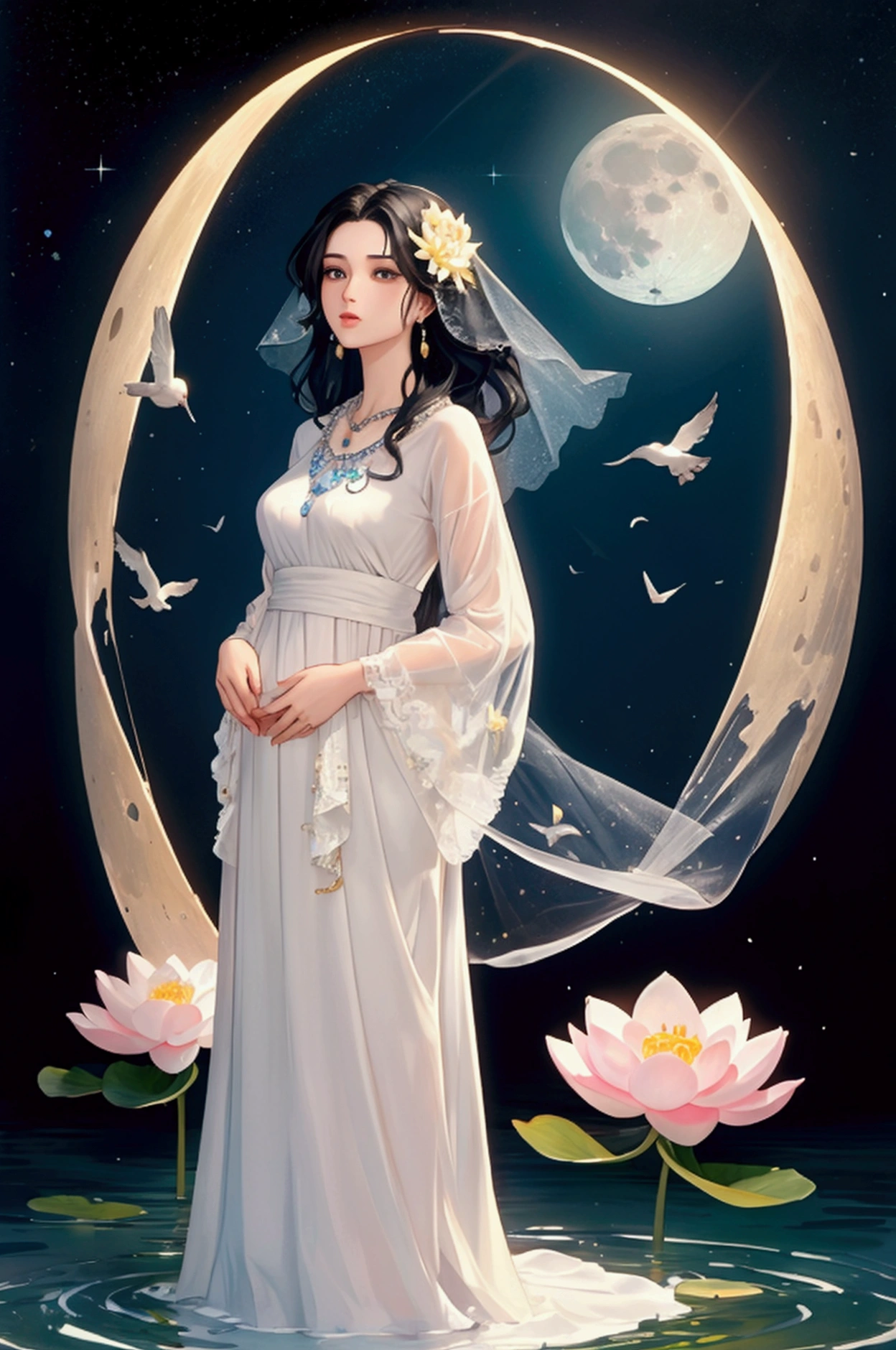 (masterpiece,Highest quality,,8k,High resolution),One female,,Compassionate Mother Kannon,Black Hair,,Wave,,Standing on the surface of the water,,flower,bird,,moon,,jewelry,Holding,Long sleeve,Veil,necklace,Lotus,Long Hair,dress,(whole body),Highly detailed CG,