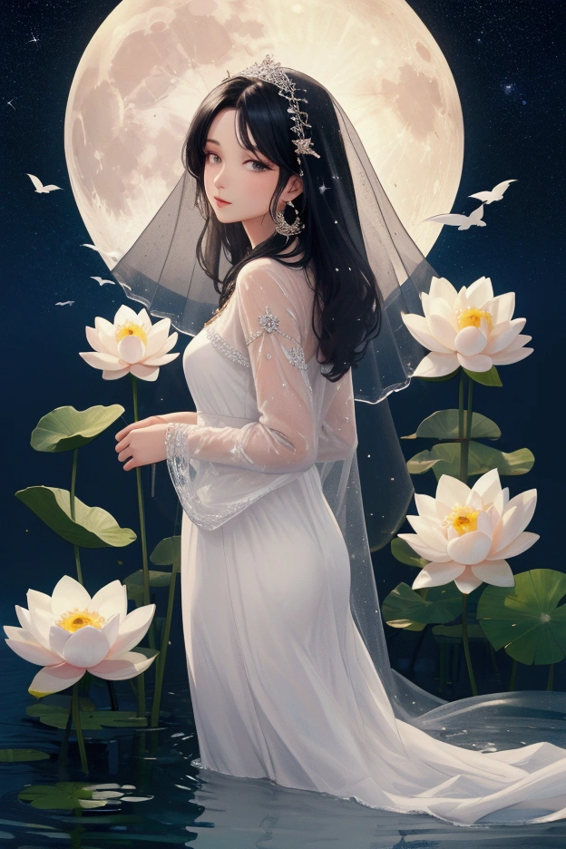 (masterpiece,Highest quality,,8k,High resolution),One female,,Beautiful Face,Beautiful Face,Beautiful eyes,Beautiful lips,Compassionate Mother Kannon,Black Hair,look back,,Wave,,Standing on the surface of the water,,flower,bird,,moon,,A bright night with stars visible,jewelry,Holding,Long sleeve,Veil,necklace,Lotus,Long Hair,dress,(whole body),Highly detailed CG,
