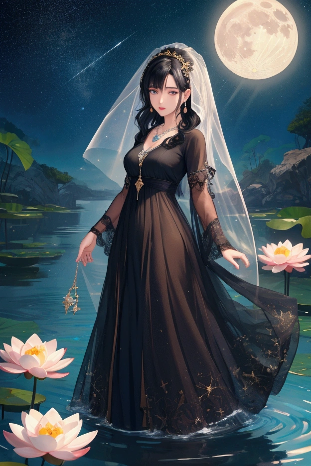 (masterpiece,Highest quality,,8k,High resolution),One female,,Beautiful Face,Beautiful Face,Beautiful eyes,Beautiful lips,Compassionate Mother Kannon,Black Hair,look back,,Wave,,Standing on the surface of the water,,flower,bird,,moon,,A bright night with stars visible,jewelry,Holding,Long sleeve,Veil,necklace,Lotus,Long Hair,dress,(whole body),Highly detailed CG,