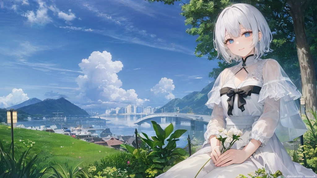 Ultra HD,Look at the viewers, Place your hands behind your back, and, 20-year-old, 非常にshort hair, Long bangs between the eyes, Pale blue eyes, Very detailed,(masterpiece、Highest quality),Gray Hair、Laughter、wonderful, Silver Hair, iris, short hair、 Fluttering Hair、Small face、明るいsmile、(Detailed face) ,Professional Lighting,wonderful風景,blue sky, sunlight,Looking down from above,Portraiture、Open your mouth、Flower Field、Her eyes were shining、Mysterious and enchanting atmosphere。With AI Painting、andてもshort hair, Long bangs between the eyes, Very detailed,(masterpiece、Highest quality)、alone、Gray Hair、Fantasy, Silver Hair, Fantasyな風景、smile、Open your mouth、short hair、short hair、hairpin、black eye、Grey Eyes、Beautiful Eyes、Black Shirt、White hoodie