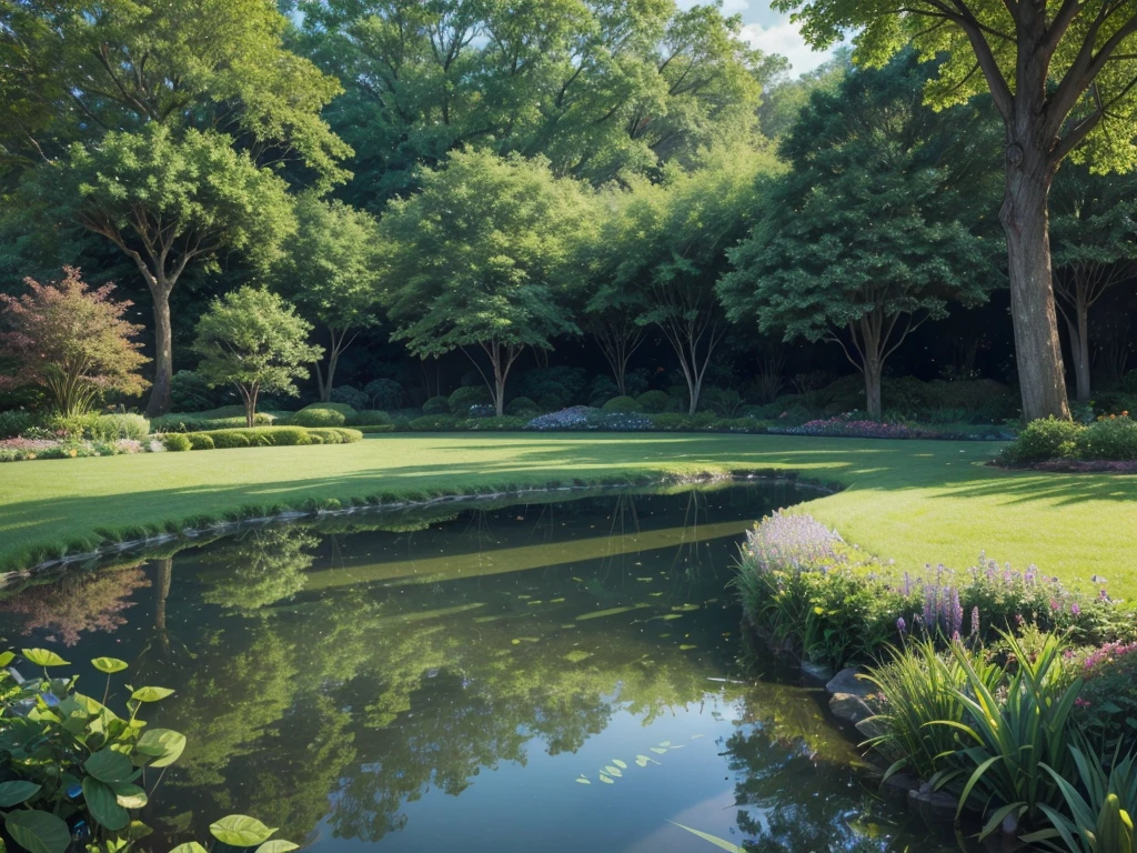 a lush, green garden filled with blooming flowers, towering trees, and a serene lake, (best quality, 8k, photorealistic, masterpiece: 1.2), vibrant colors, dramatic lighting, intricate details, the garden of eden, biblical, genesis 1:11-12