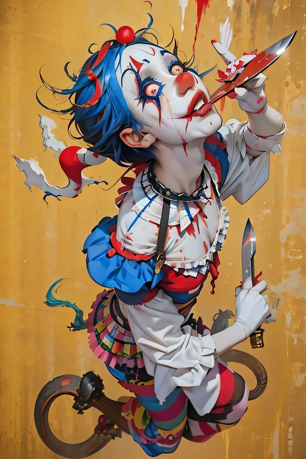 (Midnight Amusement Park),((Horror taste))、A clown looking up at the sky alone.、Sad expression、（（Full body portrait））、He's holding a bloodstained knife.、Anime-style illustrations、Very revealing and open clothing 、Underwear is visible
