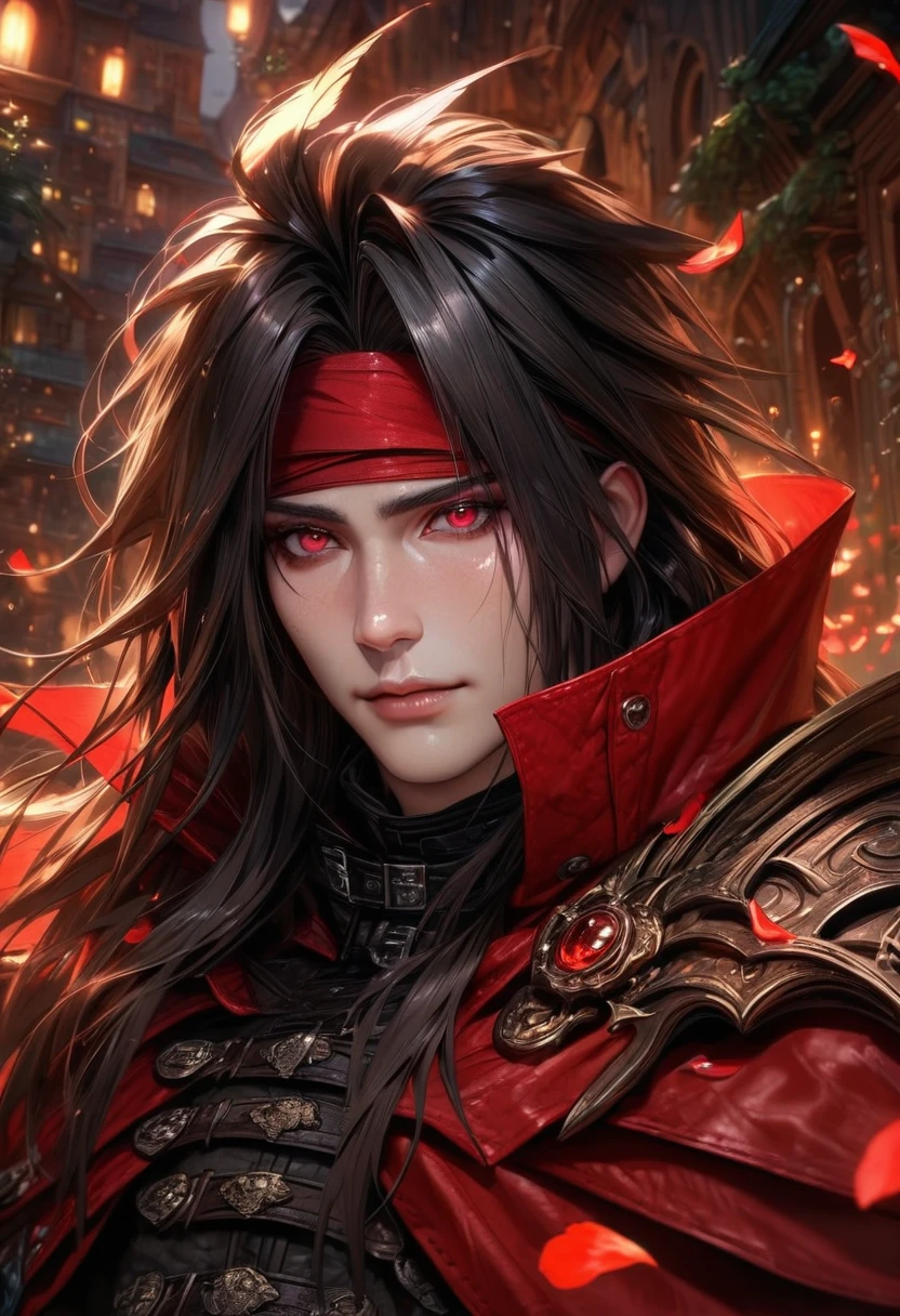 Ultra detailed, highres, absurdres, HDR, master piece, Vincent Valentine, black hair, long hair, red headband, expressive red eyes, black leather clothes, black gloves, red cape, Final Fantasy VII Remake, petals, fireflies, sexy man, solo, handsome, very detailed face and eyes, best quality, fantasy, magical, realistic face, fantasy city, feathers, sensual,