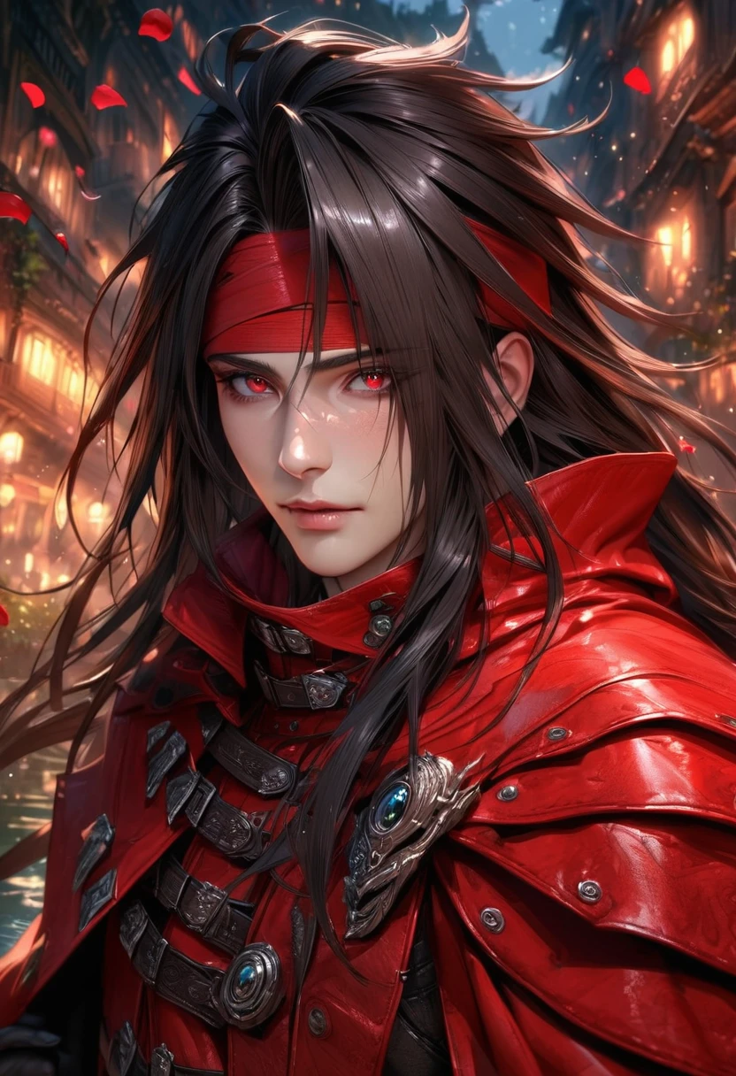 Ultra detailed, highres, absurdres, HDR, master piece, Vincent Valentine, black hair, long hair, red headband, expressive red eyes, black leather clothes, black gloves, red cape, Final Fantasy VII Remake, petals, fireflies, sexy man, solo, handsome, very detailed face and eyes, best quality, fantasy, magical, realistic face, fantasy city, feathers, sensual,