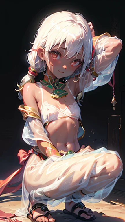 One girl, Angle from below:1.8, The girl leans forward to show her breasts、feetを広げる, (blade), (Tanned shiny black skin:1.6)、Glowing Eyes, ((Sexy evil smile)), (), Blonde、Twin tails、amount、Small breasts, Have, ((((Arabian clothing, See through)), (head band), (Nipple slip), Small breasts, (jewelry)))、desert, ((Sahara)), ((focus feet))、(Put your hands behind your head), (share), (feet),((feet)), feetの裏、(squat), Butt