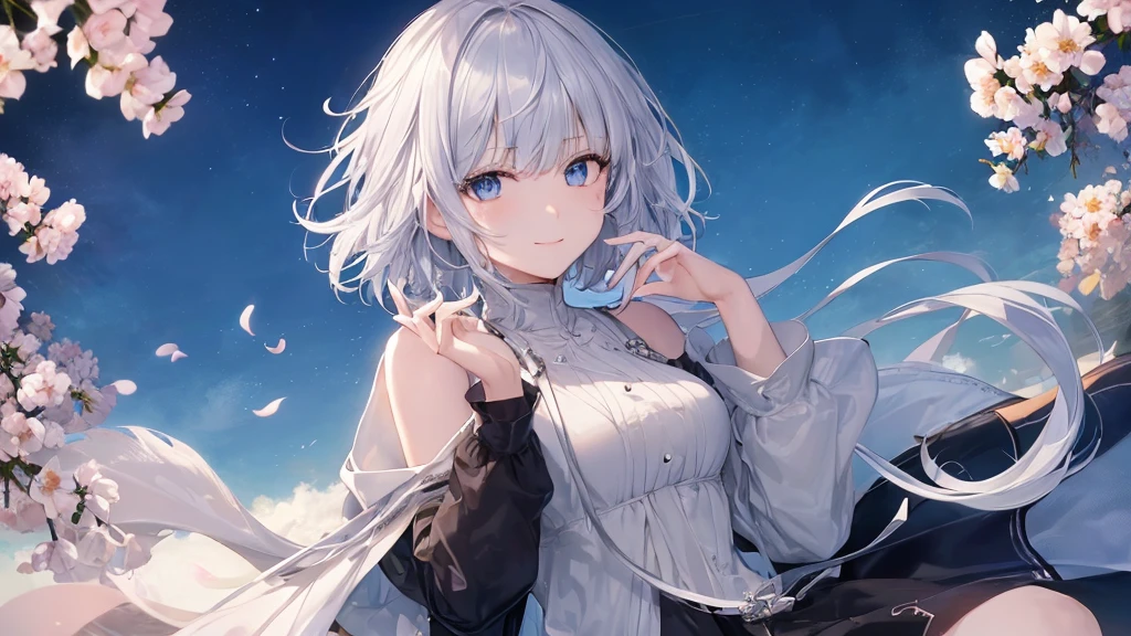 Ultra HD,Look at the viewers, Place your hands behind your back, and, 20-year-old, 非常にshort hair, Long bangs between the eyes, Pale blue eyes, Very detailed,(masterpiece、Highest quality),Gray Hair、Laughter、wonderful, Silver Hair, iris, short hair、 Fluttering Hair、Small face、明るいsmile、(Detailed face) ,Professional Lighting,wonderful風景,blue sky, sunlight,Looking down from above,Portraiture、Open your mouth、Flower Field、Her eyes were shining、Mysterious and enchanting atmosphere。With AI Painting、andてもshort hair, Long bangs between the eyes, Very detailed,(masterpiece、Highest quality)、alone、Gray Hair、Fantasy, Silver Hair, Fantasyな風景、smile、Open your mouth、short hair、short hair、hairpin、black eye、Grey Eyes、Beautiful Eyes、Black Shirt、White hoodie