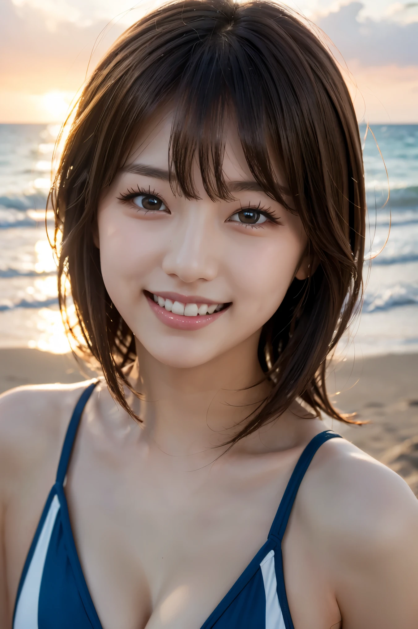 Beach, sunset, Soft lighting, Close-up portrait photo of a cute idol in a swimsuit, Playful pose, smile, Vibrant colors, Realistic, Attention to detail