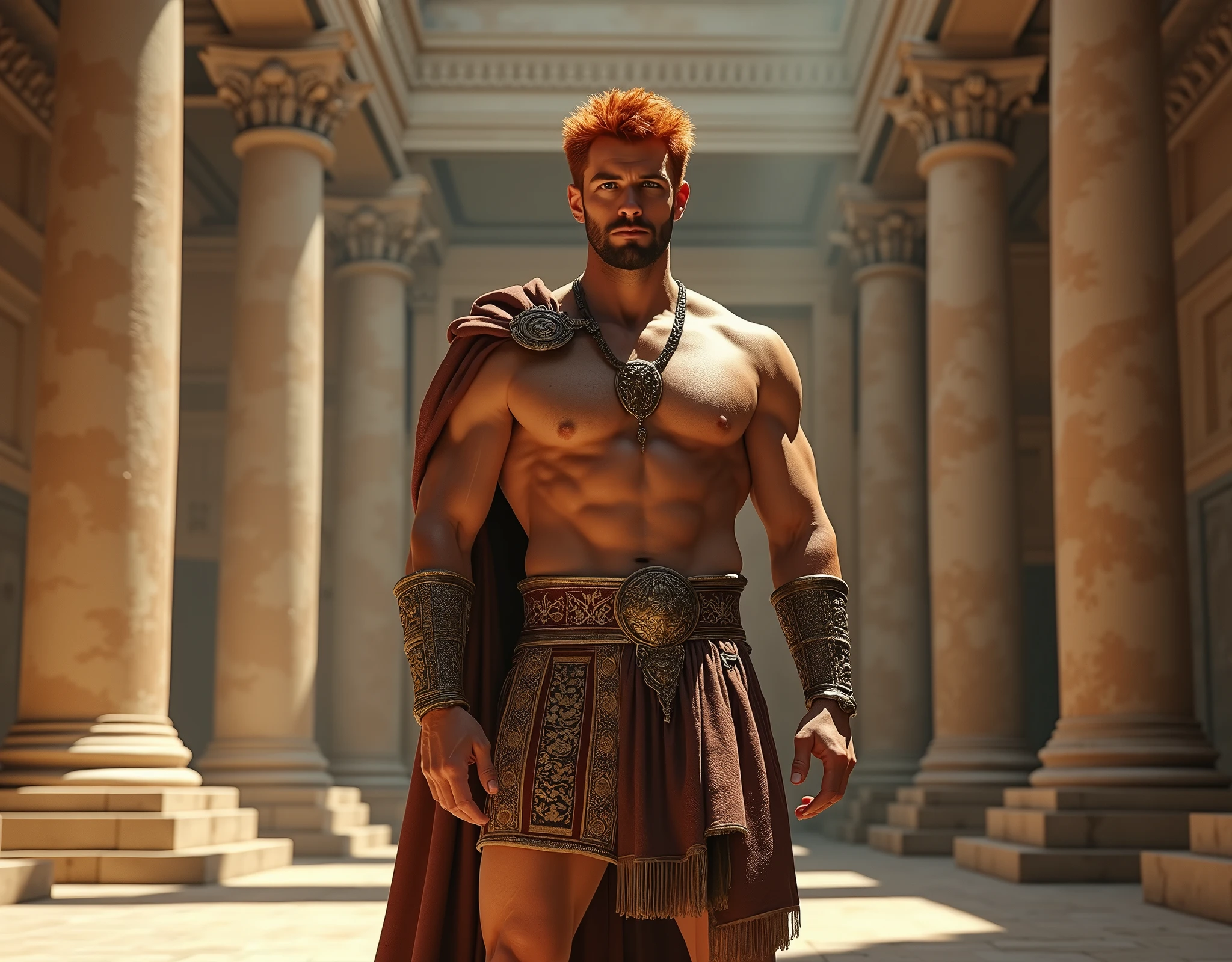 realist, (masterpiece), (photorealist:1.3), ultra detailed, (high detailed:1.2), (Best Quality:1.0), manly face, muscular, Tall Man, Red hair, chest hair, A man in royal costume, 35 years, covered in a small insulting armor, elegant, full body character sheet, big bulge in crotch, MUSCLE BODY, full body view, inside a Greek Temple, loincloth made of very fine thread, Haircut, Wonderful lighting, illumination of the chosen one.