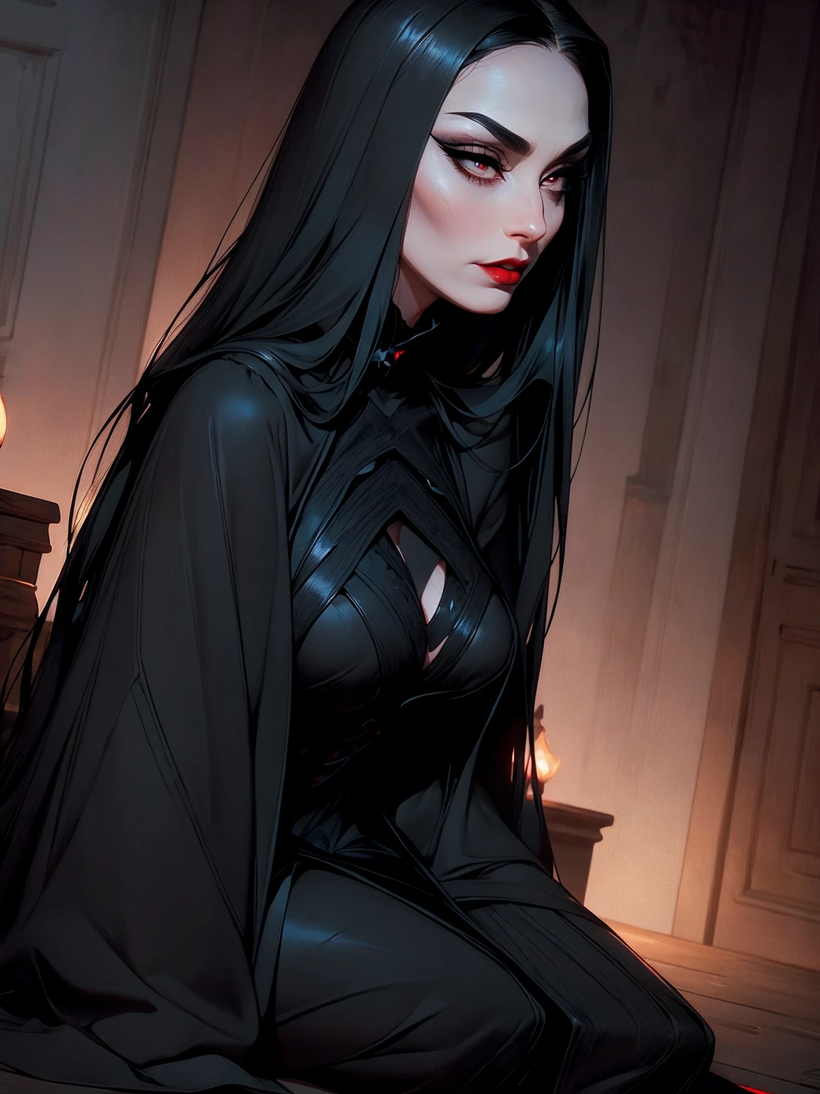 solo, (sophisticated dress:1.0), black dress ((masterpiece)),((high resolution)), ((best quality)), extremely fine and beautiful, super fine illustration, (realistic skin), (insanely detailed anime eyes), detailed face, vivid and beautiful, shocking sensation, incredibly detailed, beautiful detailed woman, supple breasts, front view, facing at viewer, black hair, (morticia addams), black eyes, (see-through:0.5), covered, ((black hair)), (very long hair), profile, sitting, plump breasts, plump thighs, wide hips, movie lighting, perfect shadow, realistic lighting shaded, red lips, (upper body), (big hips),