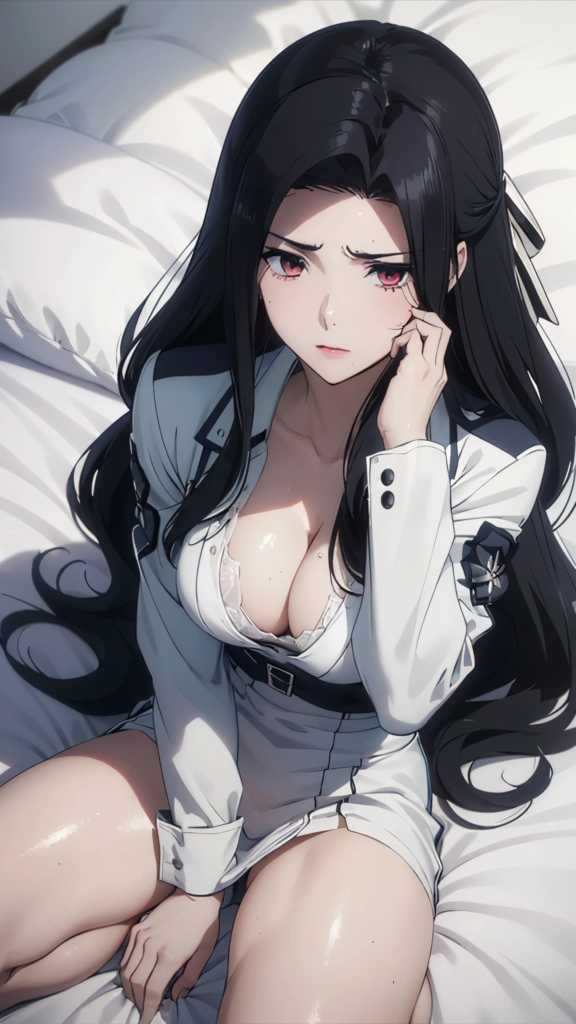 1 personの, alone, masterpiece, Highest quality, The Irregular at Magic High School, Mayumi Saegusa,Mayumi Saegusa, iris, Red eyes, eyelash, Black Hair, Long Hair, back ribbon,High School Uniform, dress, white dress, collared dress, Jacket, green Jacket, cropped Jacket, open Jacket, Long sleeve, Large Breasts, (masterpiece: 1.3), (Maximum resolution: 1.2), (Ultra High Definition TV: 1.2), Cinematic Light, 8k resolution, Detailed facial features , (Sharp focus: 1.2), (Focus on the face:1.2),Perfect Style, Beautiful Face, Acura, Anatomically correct, Highly detailed face and skin texture, Beautiful Eyes,Beautiful Eyes, Thin eyebrows, Natural Cheeks, Glowing Skin, Fair skin: 1.2, (Glossy Lips: 1.4),、 (Embarrassed look: 1.2),Highly detailed face and skin texture, Natural Cheeks, , Glossy Lips: 1.4,Perfect Style、Cleavage、Soft Breasts、(Semen on chest:1.6)(Cum on thighs 1.5)、 Sperm on tongue、Drenched in sweat、Embarrassed look、Glare、anger、sorrow、tears、(Open your knees:1.5)、(Spread your legs:1.5)、 White underwear、Disheveled clothes、sweating、Thin underwear、18-year-old、 clear, A clean-cut woman,1 person、 Upward-facing chest, Black Hair、blue eyes、Beautiful Eyes、Torn clothing、(masturbation behavior:2.0)、At the bed、(On your back、At the bedLying down、Lying down、White sheets:1.7)、avert your eyes、