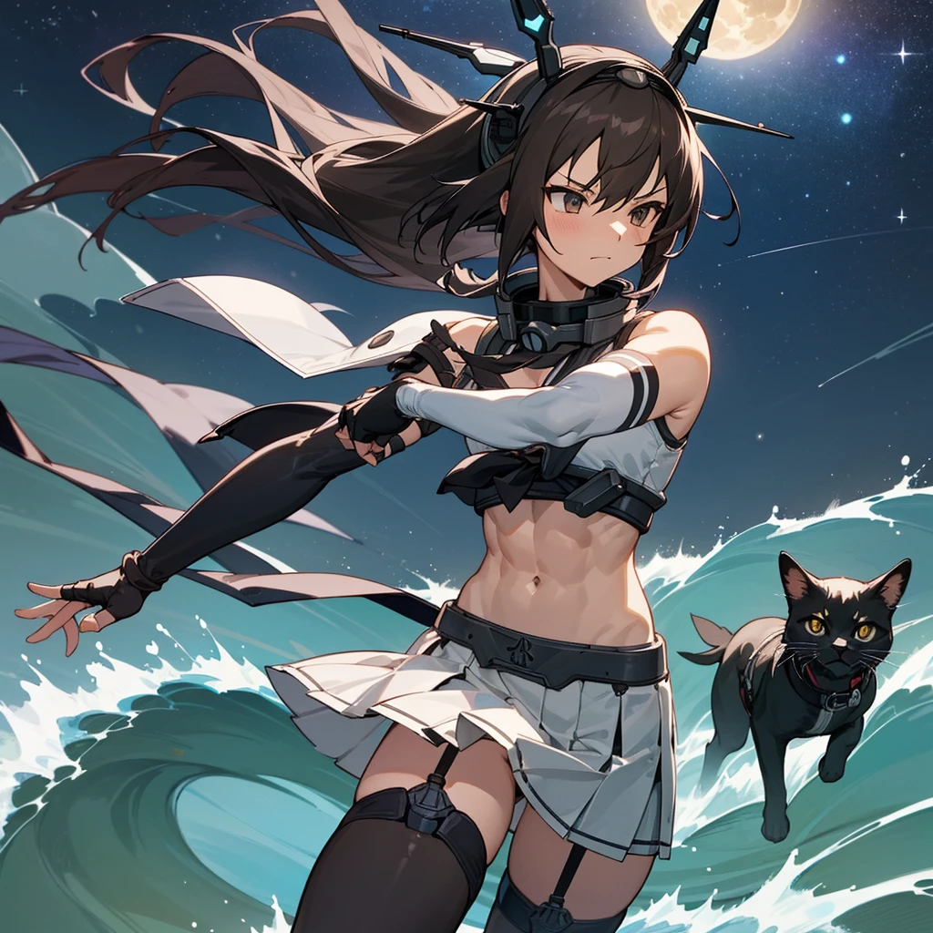 hyper detailed, perfect anatomy, best quality, extremely delicate, extremely detailed, cool,1 girl, Nagato(kancolle), long hair, headgear, dark hair, hairband, collar, bare shoulders, crop top, elbow gloves, fingerless gloves, black gloves, midriff, pleated skirt, white skirt, garter straps, thighhighs, muscle, muscular abs, six pads, with a black cat, night sky, stars, milkyway, sea, wave,