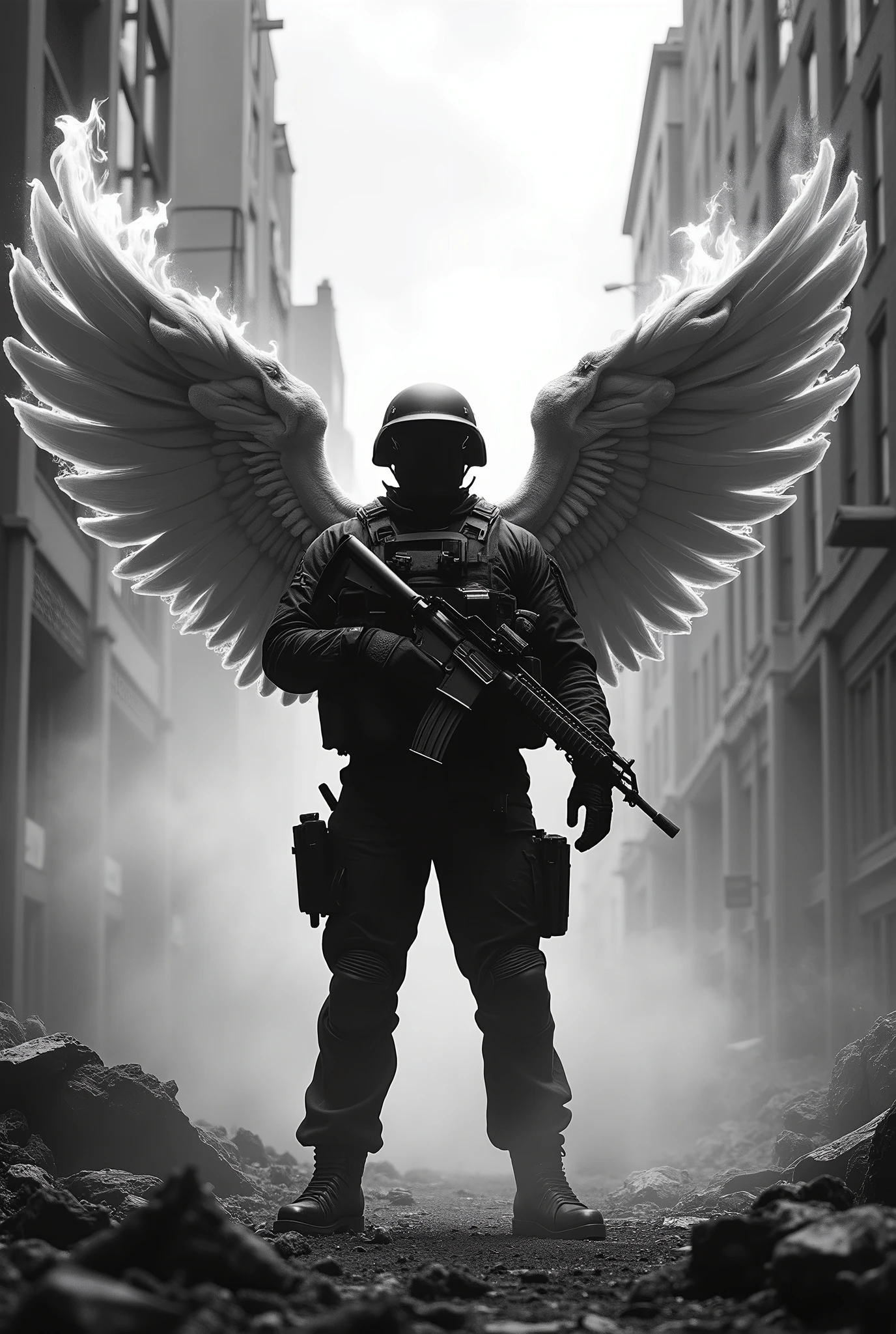 armed special forces soldier with flaming wings in black and white