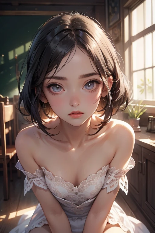 ((Highest quality)), ((masterpiece)), (detailed), One person, (Large forehead:1.2),extremely detailed cute anime face, (((Flat Chest))), (Flat Chest:1.1),((((Short Bob Hair)))),Complex eyes,beautiful detailed eyes,Symmetrical eyes,(((detailed face))),beautiful detailed lips, If you look at this, (((Embarrassing))),(emotional expression),(My heart is pounding with anticipation.), A white dress so sheer you can see the skin、A group of school girls with string panties and long hair、Being ridden by a man