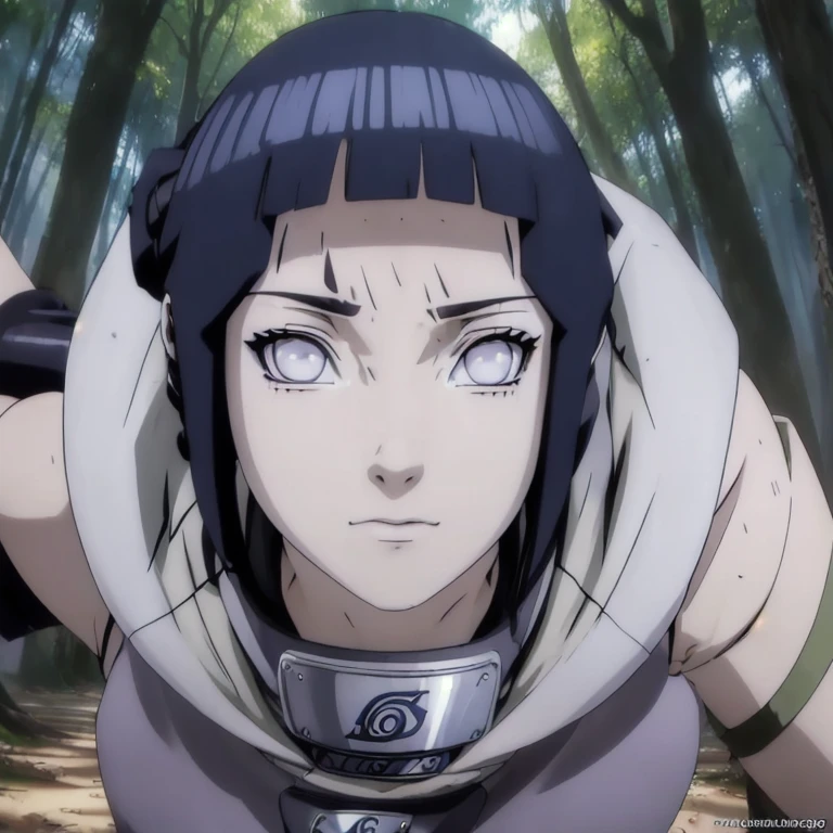 1girl, Hinata Hyuuga from Naruto Shippuden, 18 years old, beautiful detailed eyes, beautiful detailed lips, extremely detailed face and features, long eyelashes, detailed ninja outfit, attacking pose, training in forest environment, lonely expression, highly focused, intricate details, cinematic lighting, vibrant colors, (best quality, 4k, 8k, highres, masterpiece:1.2), ultra-detailed, (realistic, photorealistic, photo-realistic:1.37), dynamic action, cinematic composition