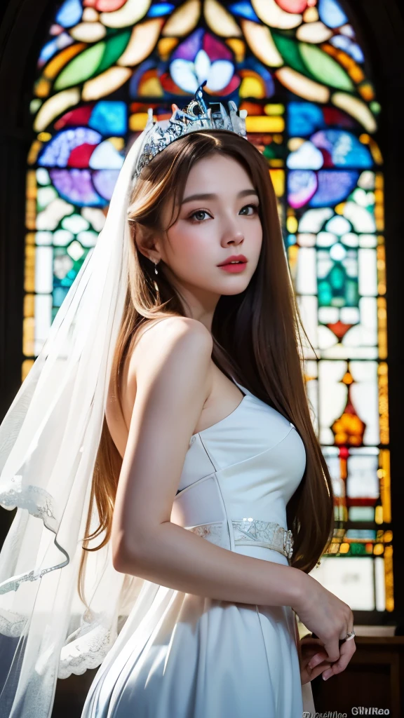 (The cathedral from below:1.28) (Bokeh H Zoom Layer) Top quality 8K masterpieces ((Professional photos)), (((Clarice from Cagliostro))) (Detailed white wedding dress), Lock, (Close up of (Very detailedな (Cute Face))) {((Veil Face))|Blonde|(Exquisite BlueEyes)in(Sparkling Highlights:1.28)}, The background is far away (((Exquisite stained glass))) Rainbow Glasses, {(Mystic Site)|Enchanting atmosphere|mist|(Godrays)|Tyndall effect}, Radiant PearlSkin in Transparency, (Expose:0.39), Blue, High resolution, Anatomically correct, High-resolution model, Very detailed, Textured skin, Long Hair,