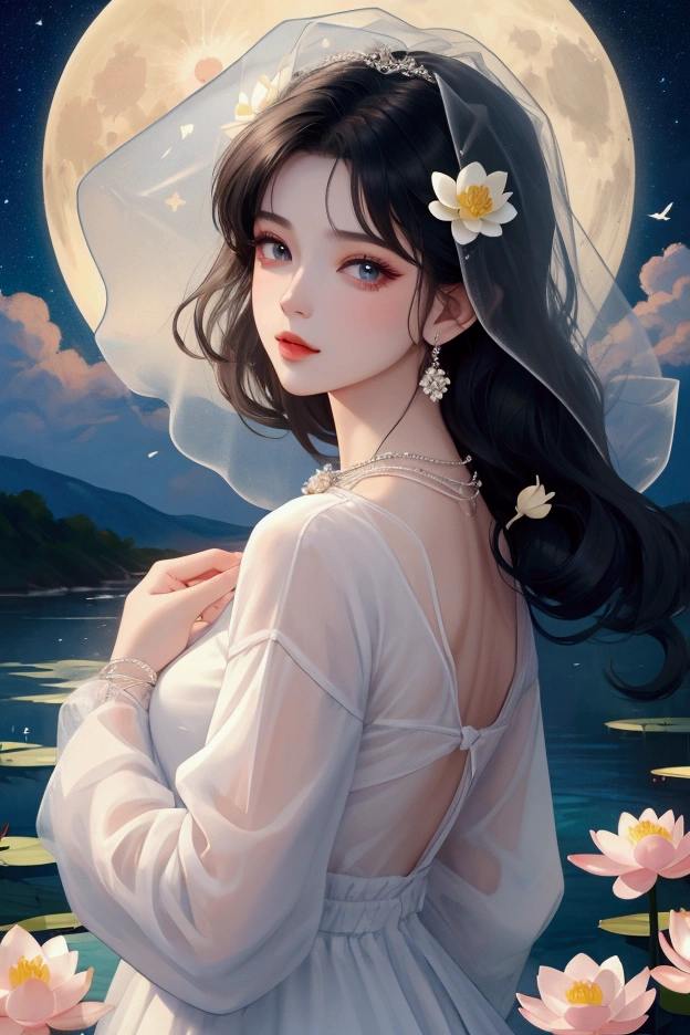 (masterpiece,Highest quality,,8k,High resolution),One female,,Beautiful Face,Beautiful Face,Beautiful eyes,Beautiful lips,Compassionate Mother Kannon,Black Hair,look back,,Wave,,Standing on the surface of the water,,flower,bird,,moon,,A bright night with stars visible,jewelry,Holding,Long sleeve,Veil,necklace,Lotus,Long Hair,dress,(whole body),Highly detailed CG,