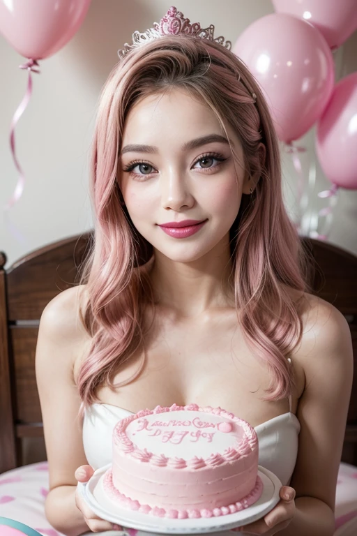 Beautiful woman with makeup and pink lipstick smiling with a big pink cake Birthday party scene