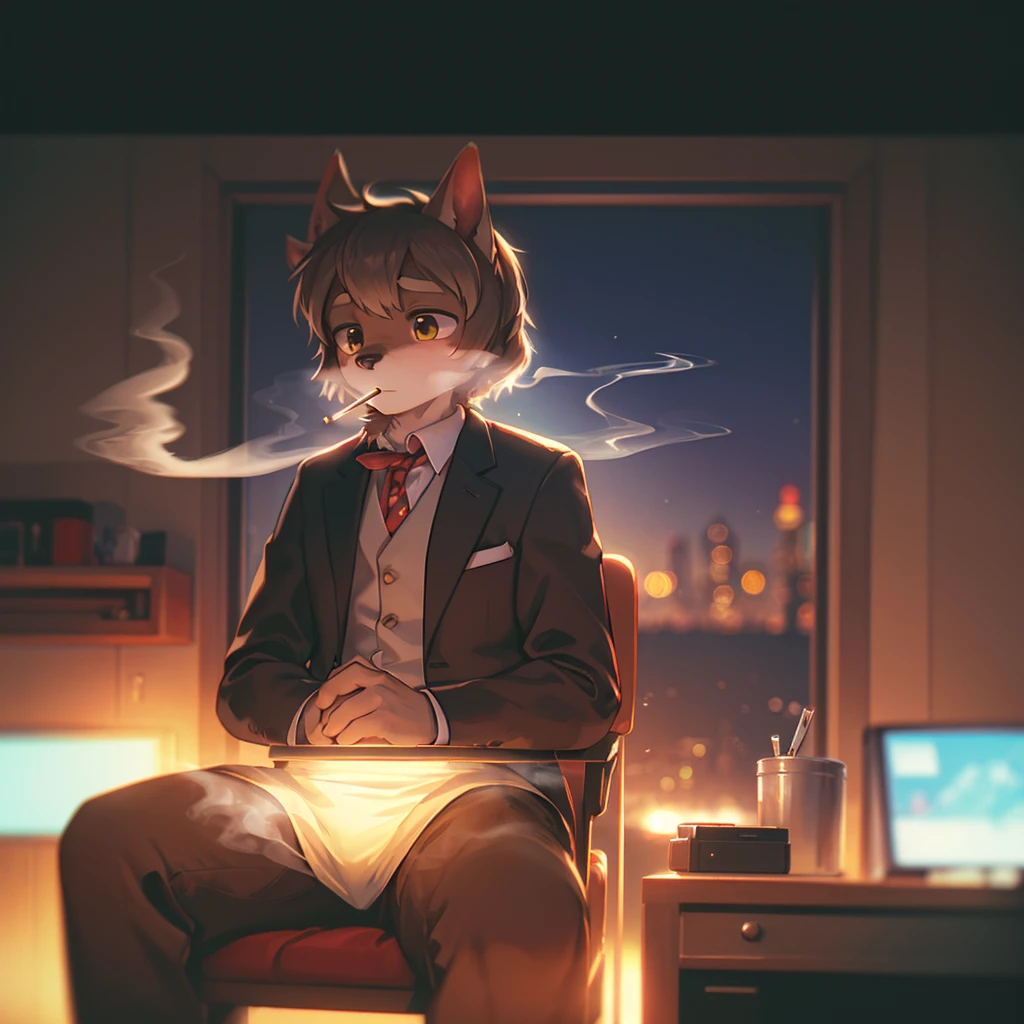 solo person,shaggy male,furry,coyote,,canid,Brownish-red fur,gold eyes,Wearing glasses,Smoking bucket,writer