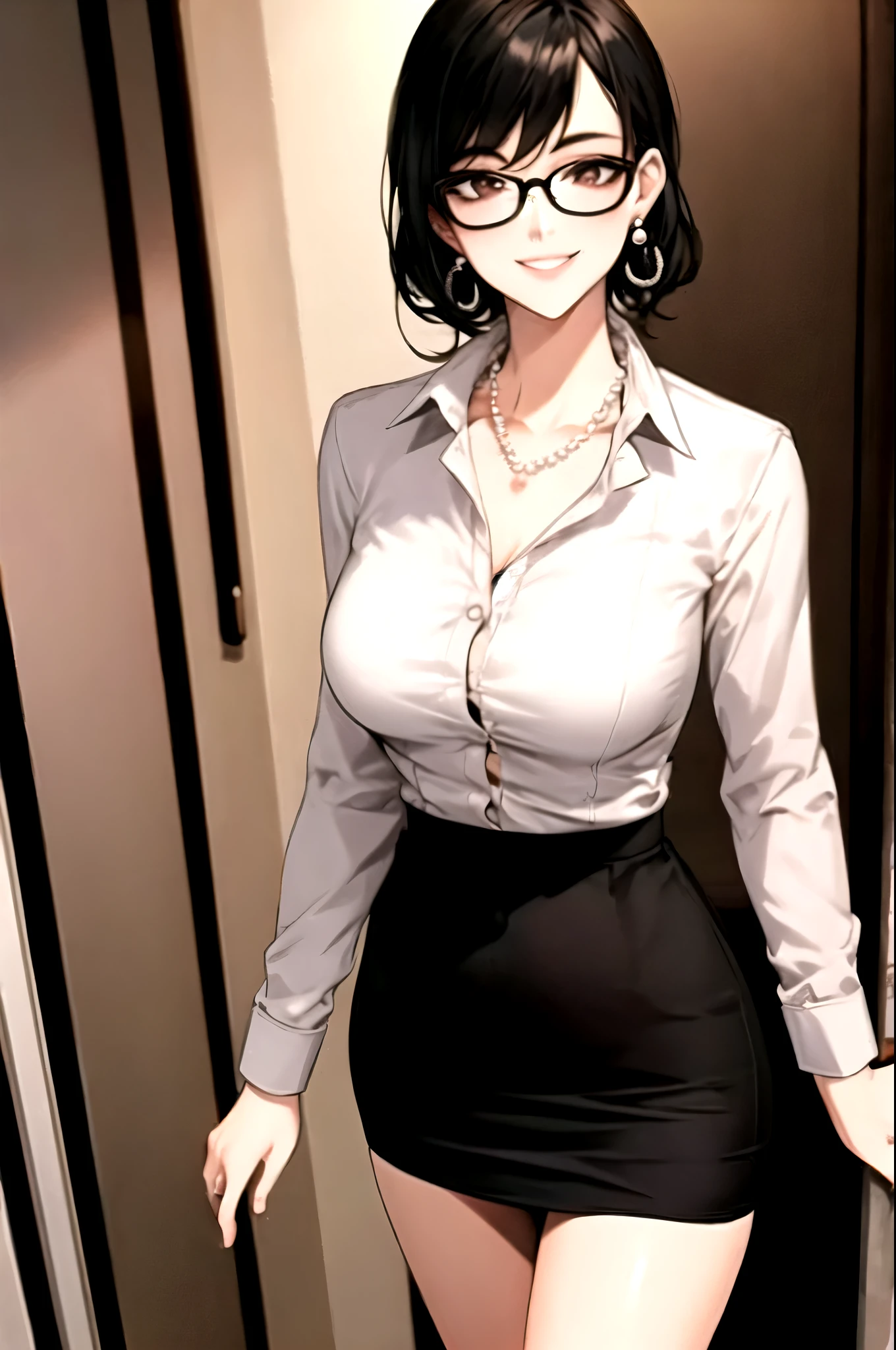 （（super high quality,Ultra-high resolution,4K,8k,super masterpiece,Ultra HD ,Detailed shading））,Looking at the camera,Opening the front door,Full body photo,A sexy mother is standing.,（popped collar White shirts,Tight collar,Long sleeve,Bring out the hem of the shirt,BLACK Pencil Mini Skirt）,sexly,Black hair semi-short,Sweep your bangs to the side,Glasses,smile,Pearl Earrings,Pearl Necklace,Engagement Rings,Clasp your hands in front of you,slouch,