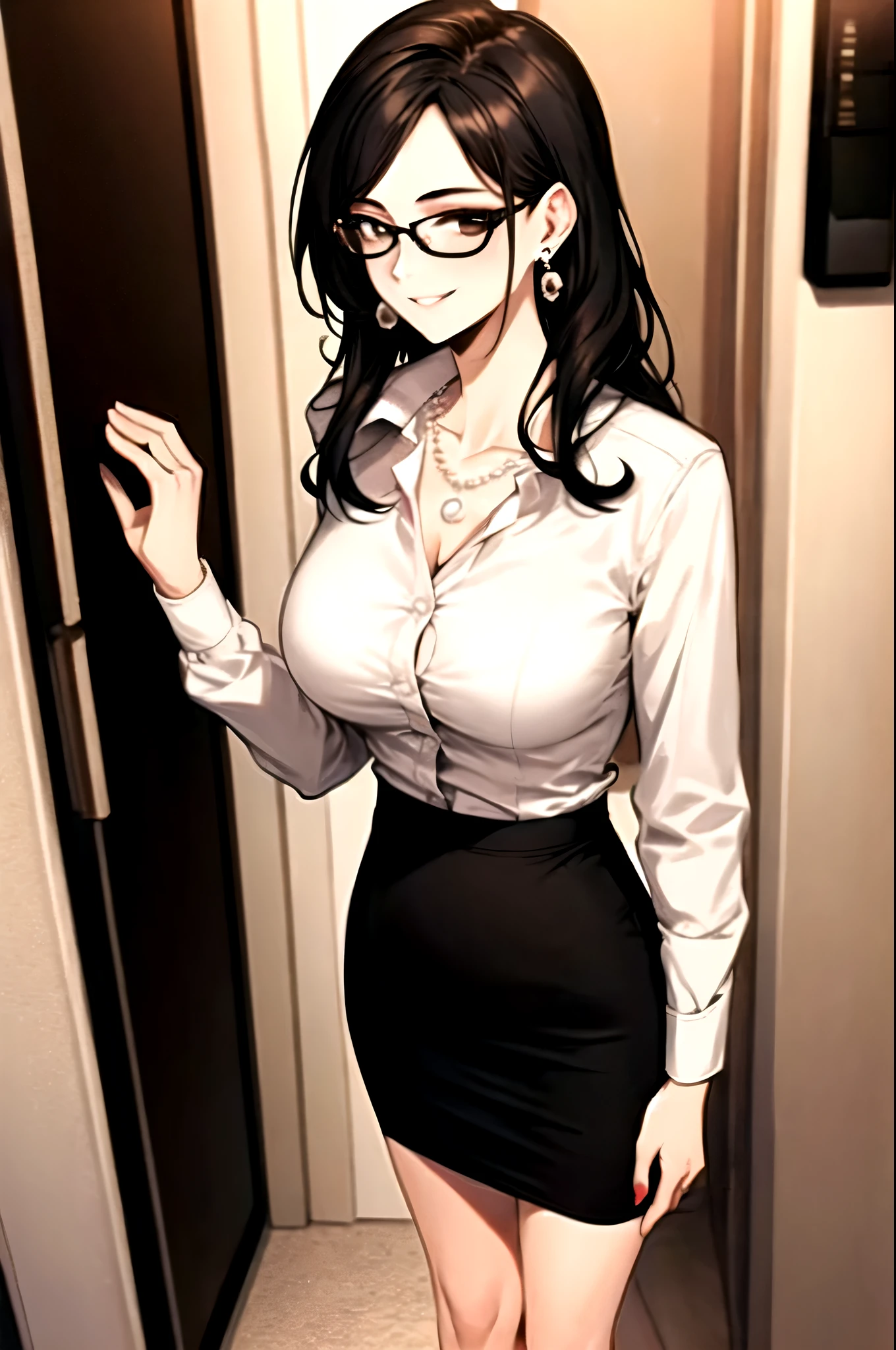 （（super high quality,Ultra-high resolution,4K,8k,super masterpiece,Ultra HD ,Detailed shading））,Looking at the camera,Opening the front door,Full body photo,A sexy mother is standing.,（popped collar White shirts,Tight collar,Long sleeve,Bring out the hem of the shirt,BLACK Pencil Mini Skirt）,sexly,Black hair semi-short,Sweep your bangs to the side,Glasses,smile,Pearl Earrings,Pearl Necklace,Engagement Rings,Clasp your hands in front of you,slouch,