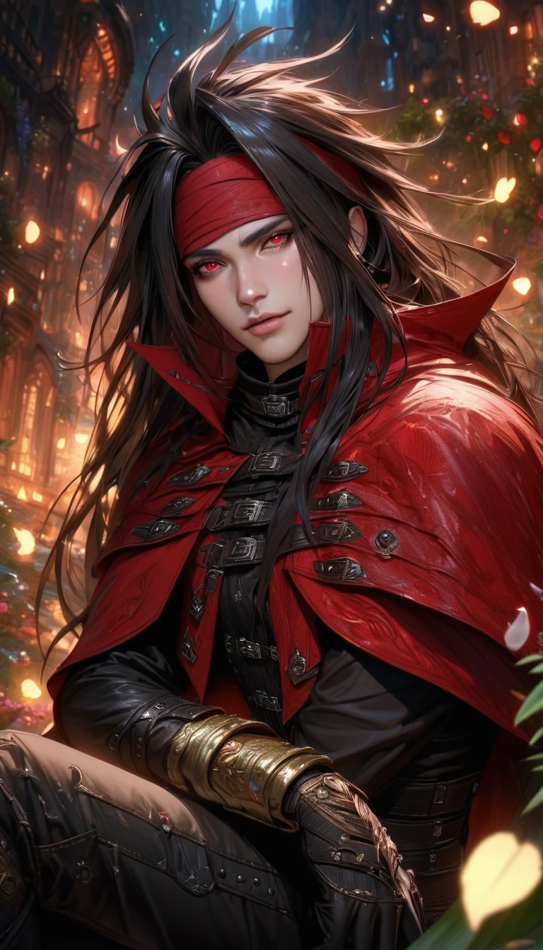 Ultra detailed, highres, absurdres, HDR, master piece, Vincent Valentine, black hair, long hair, red headband, expressive red eyes, black leather clothes, black gloves, red cape, Final Fantasy VII Remake, petals, fireflies, sexy man sitting, solo, handsome, very detailed face and eyes, best quality, fantasy, magical, realistic face, fantasy city, feathers, sensual, black pants