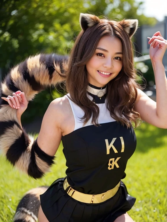 ((Highest quality, 8k)), ((masterpiece)), (Highest Resolution), Perfect Face, Woman with raccoon ears, Female college student, Beautiful woman, public, One tail, she has thick thighs, Big raccoon tail, She has a brown raccoon tail, She wags her tail, Smiling with teeth showing, Fur collar, she is wearing a short skirt, Beautiful Hips , Raccoon tail sticking out of panties