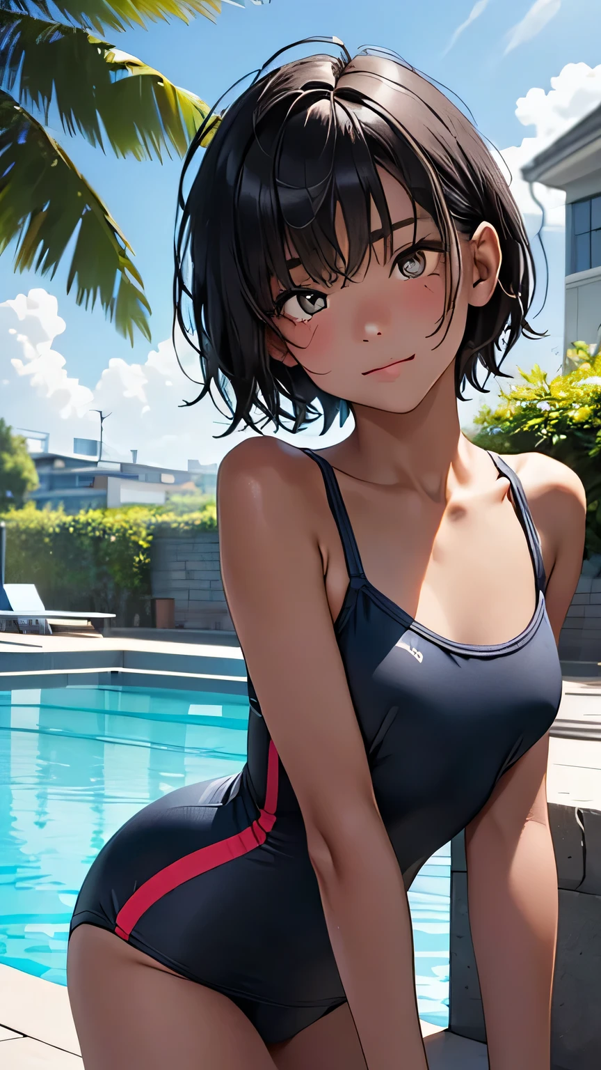 Highest quality、Realistic、、zoom、、Girl、look up、cute、Light grey eyes、Black Hair、Armpit hair、short hair、Tanned brown skin、Dark Skin、School Swimsuit、Navy blue swimsuit、Shy laugh、Flat Chest、Bust Shot、thin、Pool