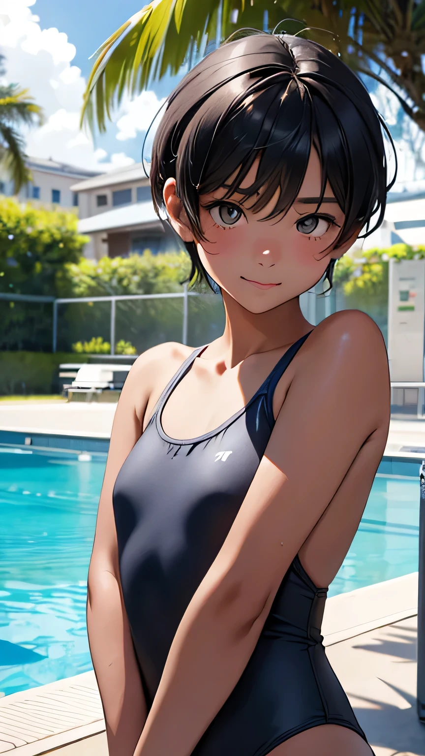 Highest quality、Realistic、、zoom、Primary school students、Girl、look up、cute、Light grey eyes、Black Hair、Armpit hair、short hair、Tanned brown skin、Dark Skin、School Swimsuit、Navy blue swimsuit、Shy laugh、Flat Chest、Bust Shot、thin、Pool