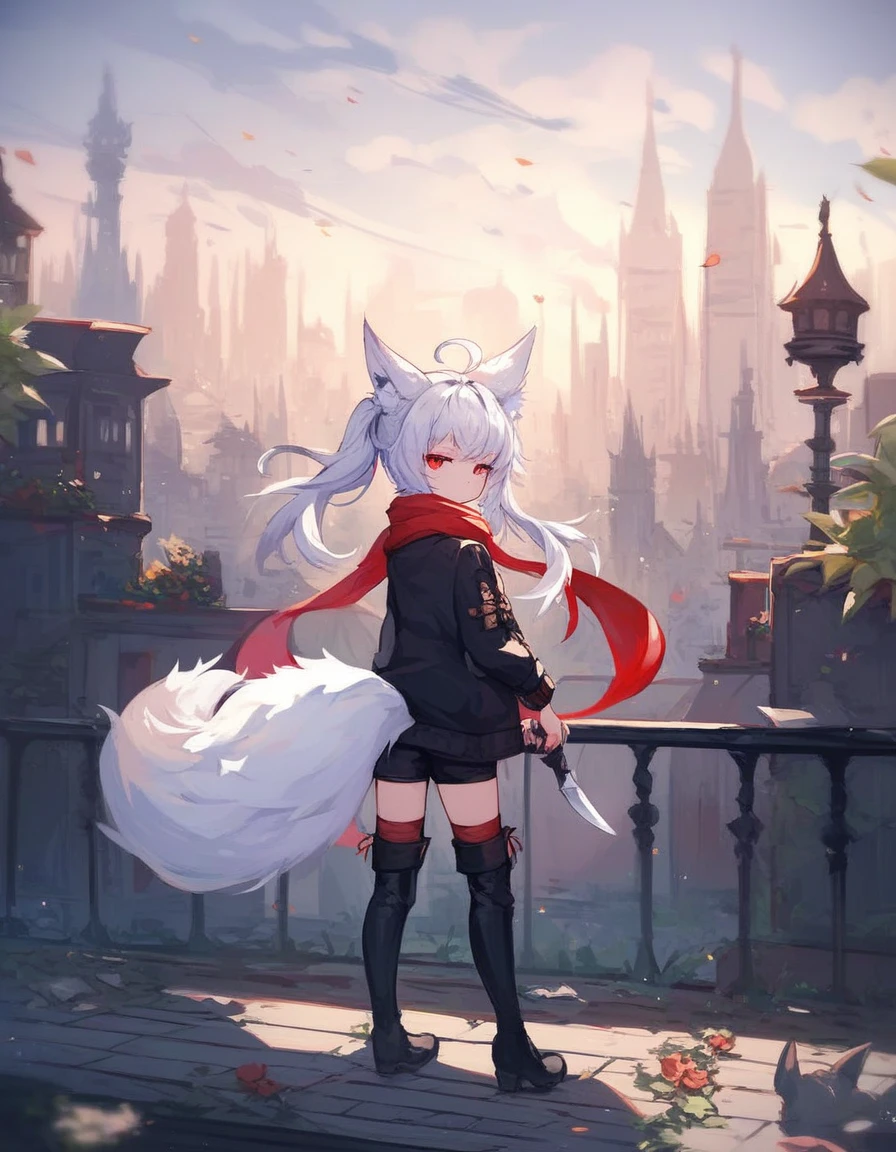 1girl, (()), ((petite)), ((teenage)), ung girl)), ((young age)), sidelocks, ahoge, twintails, silver hair,fox ears, red eyes, expressionless, half-closed eyes, fluffy tail, fox tail, black jacket, black thigh boots, red long scarf, hid own mouth, holding melee weapon, knife, wraps left hand, bandage, looking back, city, midnight, best quality, masterpiece,anime style