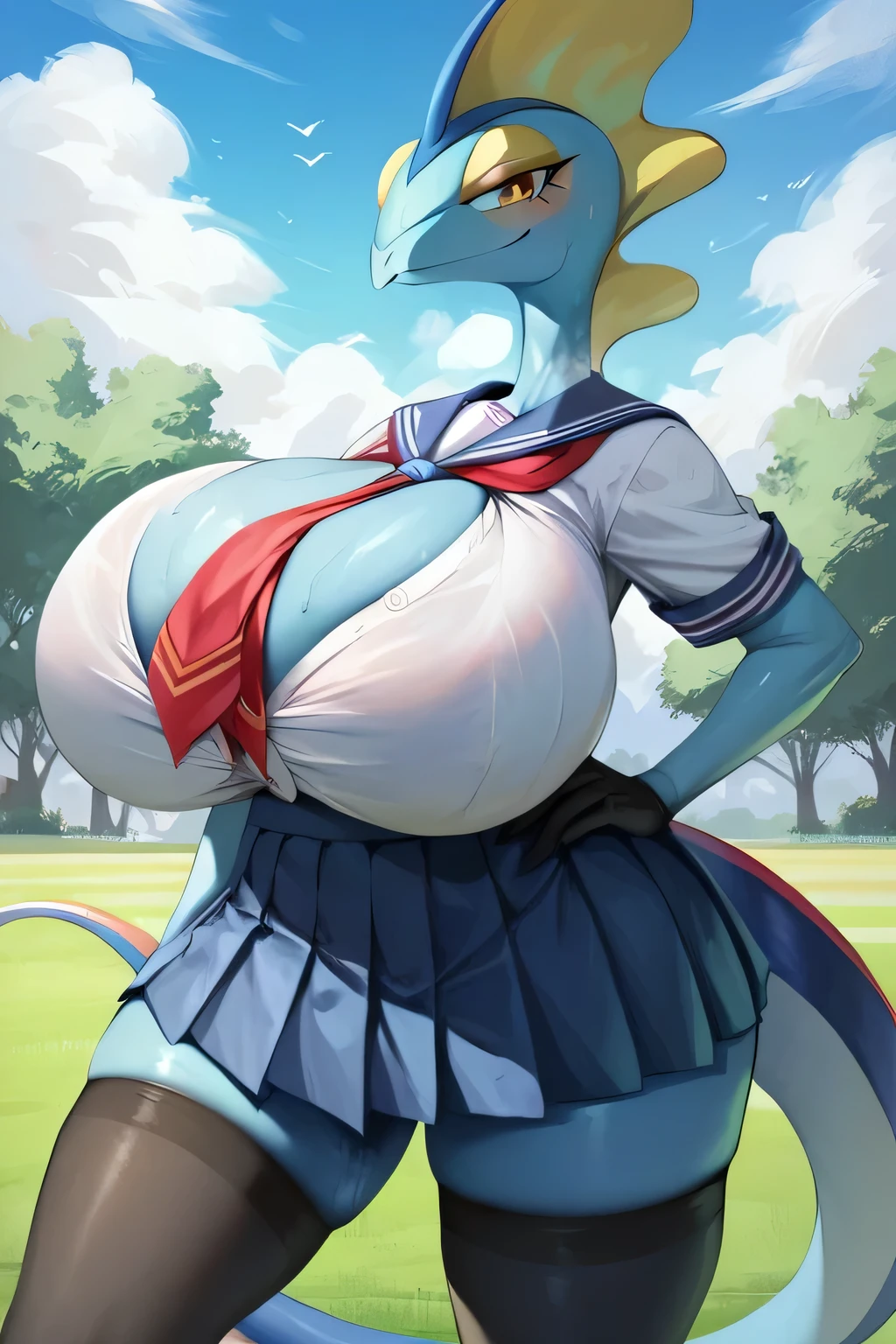 Score_9, Score_8_up, Score_7_up, Pokémon, Pokémon Inteleon, giant breasts, giant hips, giant thighs, (masterpiece quality, High resolution, detailed background:1.25), (high school uniform), high school uniform, Cold, , (giant breasts:1.5), looking at viewer, smile