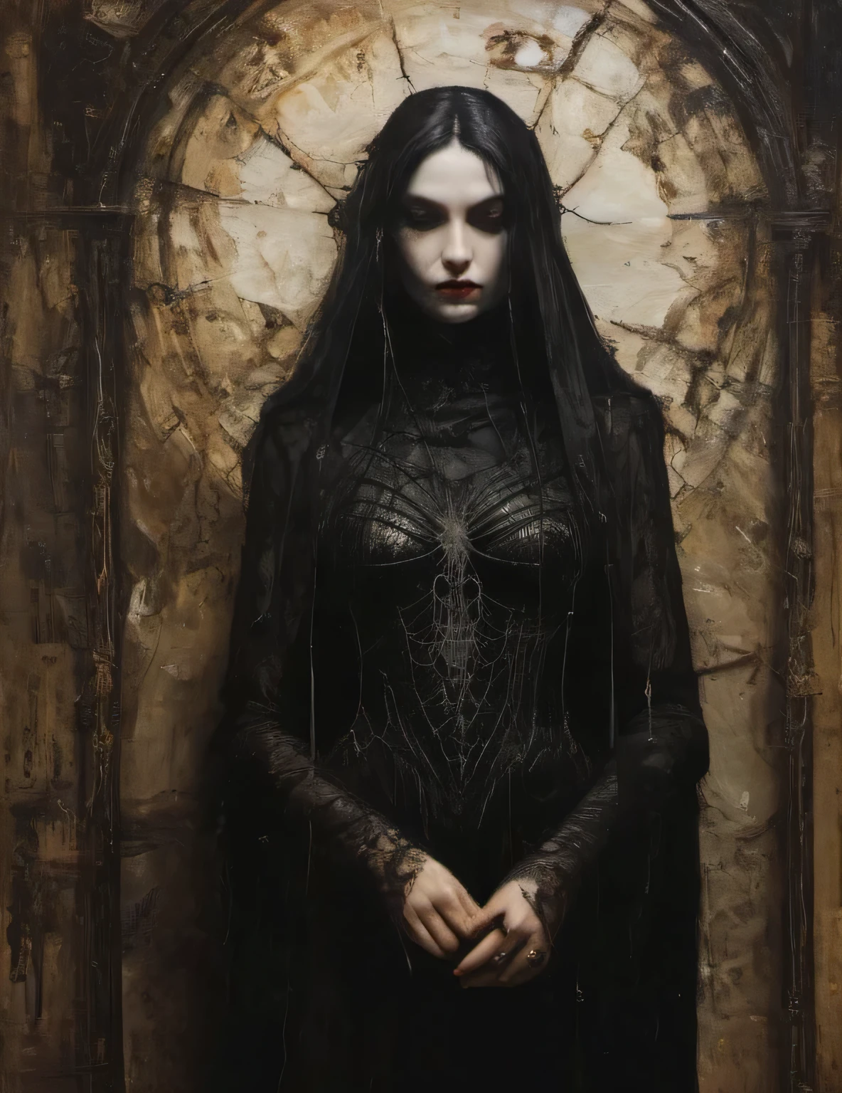 James Gurney, surrealism art , dream like, uncanny, provocative, Symbolic, Complex, detailded,, (Gothic but very beautiful:1.4), (work of art, highest quallity:1.4) , Style Nicola Samori, Spiderwomam