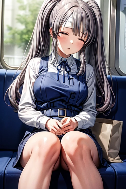 masterpiece, Highest quality, High resolution, ((train))、(((Kiriko Yukoku))),Sitting、shirt, long sleeves, white shirt, dress, neck ribbon, blue dress, blue ribbon, pinafore dress、Twin tails, Grey Hair, Slender body、cute、Attractive breasts、from the front、Sleep、Closed eyes、Weakness、Relaxation、腕がWeakness、To let one's arms hang down、Leaning on your back、