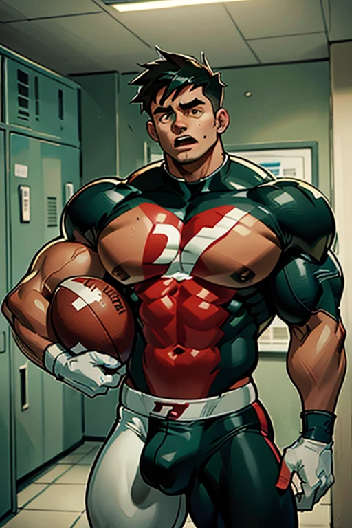 Danny Phantom, ghost, hypnosis, jock, conversion, locker room hallway, hyper muscles, jockstrap, bro, meathead, hypnotized, brainwashed, brainwashing, big dumb jock, football. Danny Fenton is hypnotized by Dash to assimilate and become another dumb cocky smirking fitness-obsessed bodybuilder football jock bro. Glowing green eyes. Hyper crotch bulge. Massive bulging crotch. Big balls. Big biceps. Big triceps. Big traps. Broad shoulders. Big meaty pecs. Big thighs. Thick glutes. Football team assimilation. Black hair. Deep dull voice. glazed expression. dumber and dumber. Open mouth. Clothes turning into a football uniform. Forgetting. Number 16 on his football uniform. IQ drain. Mindless. Brainless. Brute. Brutification. "I feel like I ... I ... I'm a ... I'm a .... Yes, ... just a meathead jock.... just muscle ... and meat.... Bro.... I am a meathead.... I am a bro.... I am a jock.... I am a meathead.... I am a bro.... I am a jock.... Anything you say, Dash.... Obey ... the QB.... Give nerds ... wedgies.... I am a jock. I am a meathead.... I obey...."