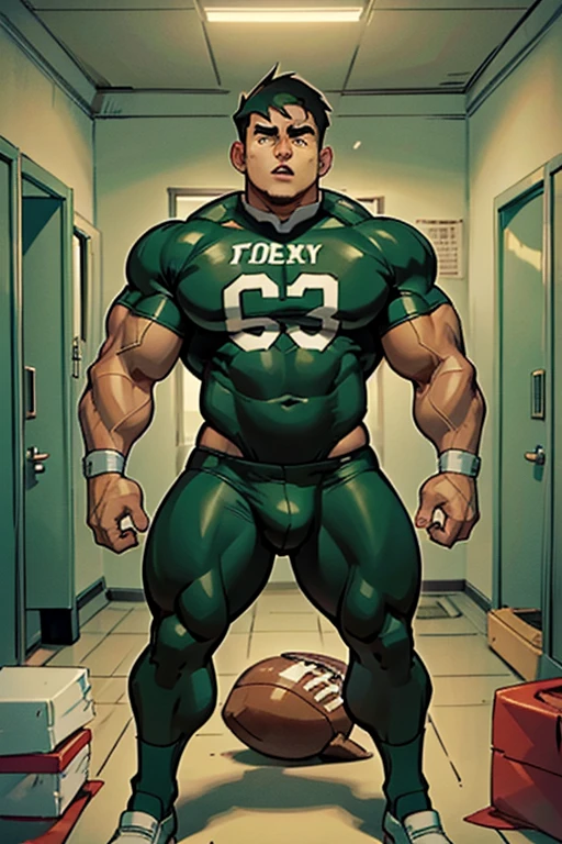 Danny Phantom, ghost, hypnosis, jock, conversion, locker room hallway, hyper muscles, jockstrap, bro, meathead, hypnotized, brainwashed, brainwashing, big dumb jock, football. Danny Fenton is hypnotized by Dash to assimilate and become another dumb cocky smirking fitness-obsessed bodybuilder football jock bro. Glowing green eyes. Hyper crotch bulge. Massive bulging crotch. Big balls. Big biceps. Big triceps. Big traps. Broad shoulders. Big meaty pecs. Big thighs. Thick glutes. Football team assimilation. Black hair. Deep dull voice. glazed expression. dumber and dumber. Open mouth. Clothes turning into a football uniform. Forgetting. Number 16 on his football uniform. IQ drain. Mindless. Brainless. Brute. Brutification. "I feel like I ... I ... I'm a ... I'm a .... Yes, ... just a meathead jock.... just muscle ... and meat.... Bro.... I am a meathead.... I am a bro.... I am a jock.... I am a meathead.... I am a bro.... I am a jock.... Anything you say, Dash.... Obey ... the QB.... Give nerds ... wedgies.... I am a jock. I am a meathead.... I obey...."